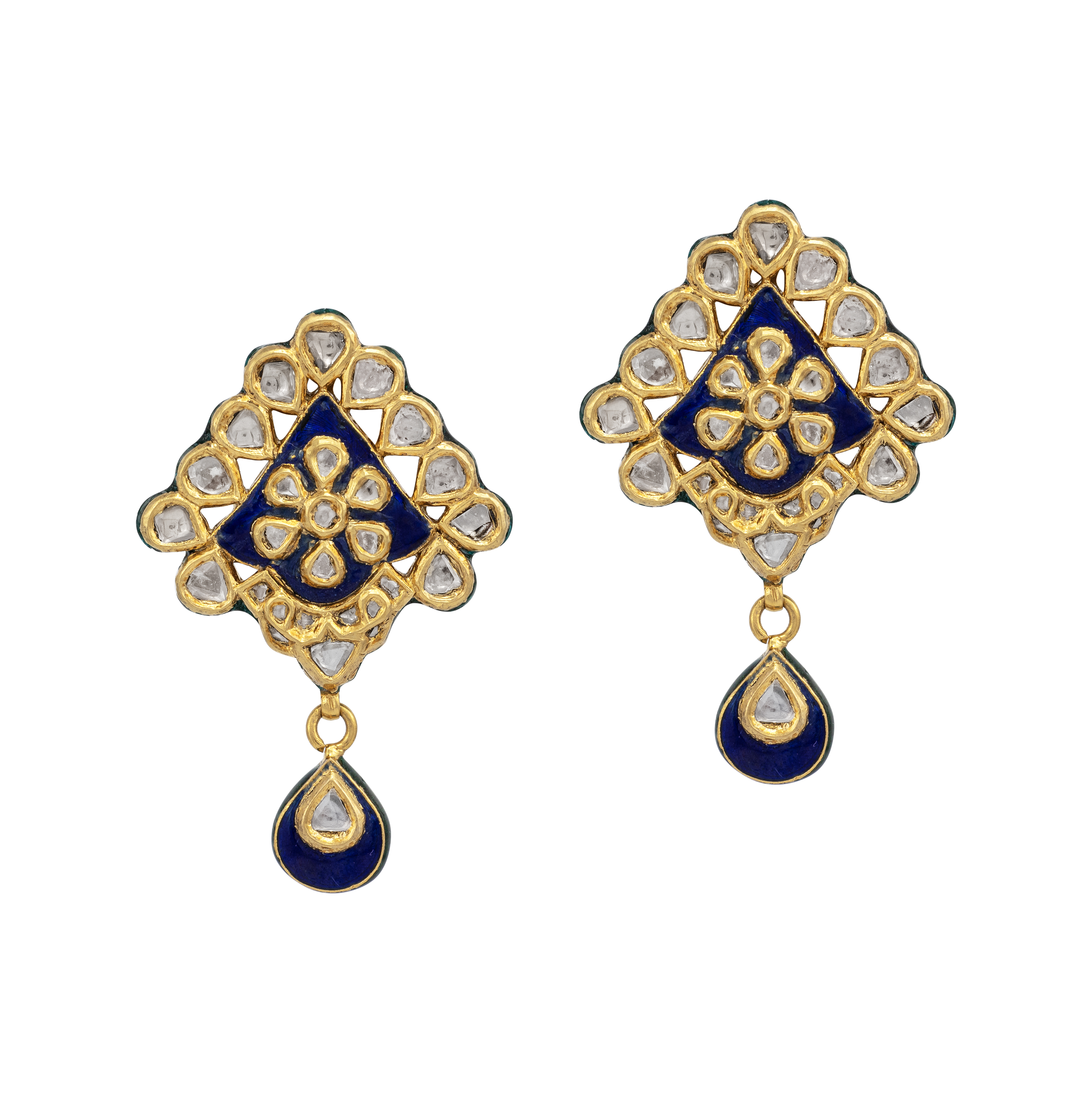 Blue Enamel Polki Drop Earring with Floral Jadau