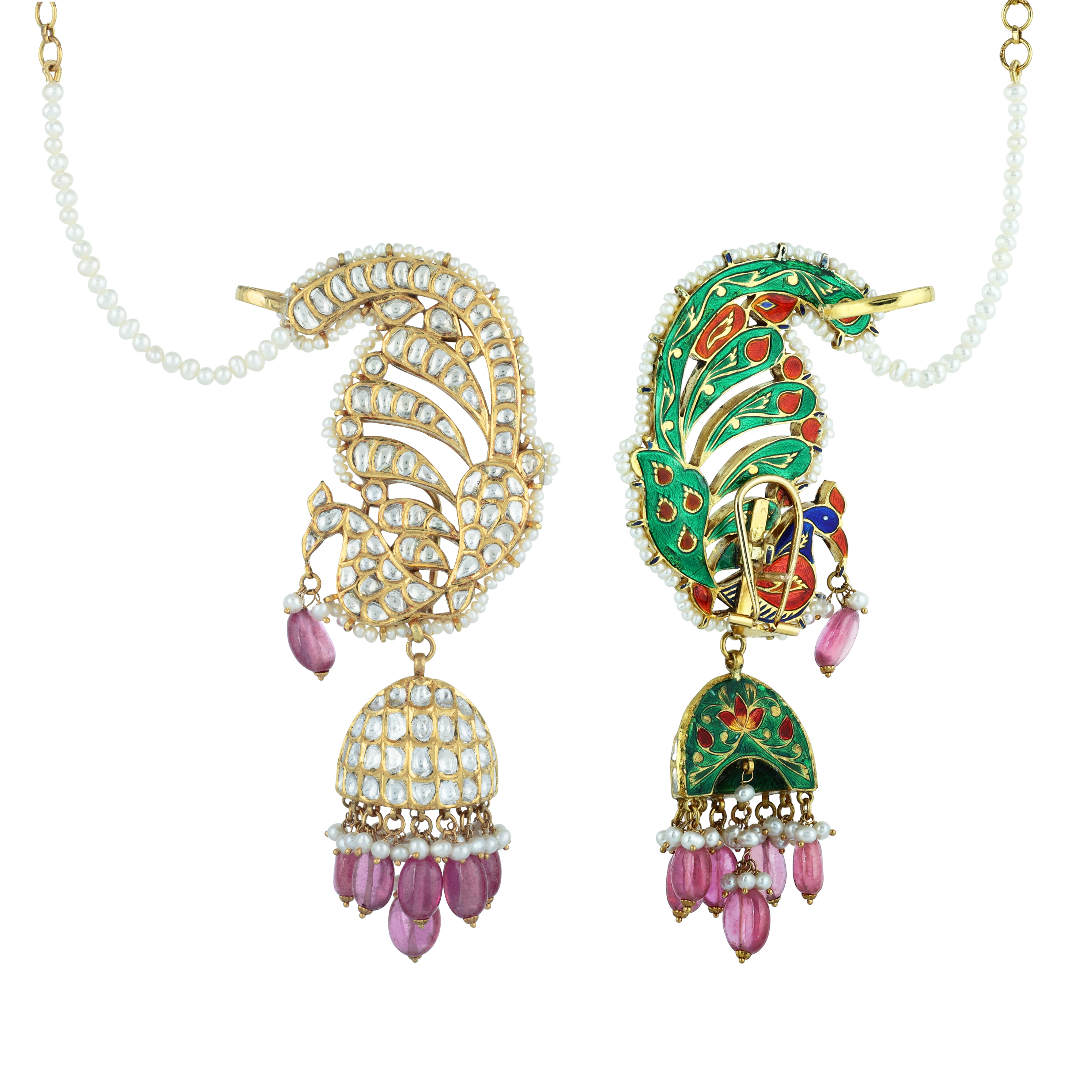 Peacock Polki Cuff Earrings with Pink Bead Jhumki Drops