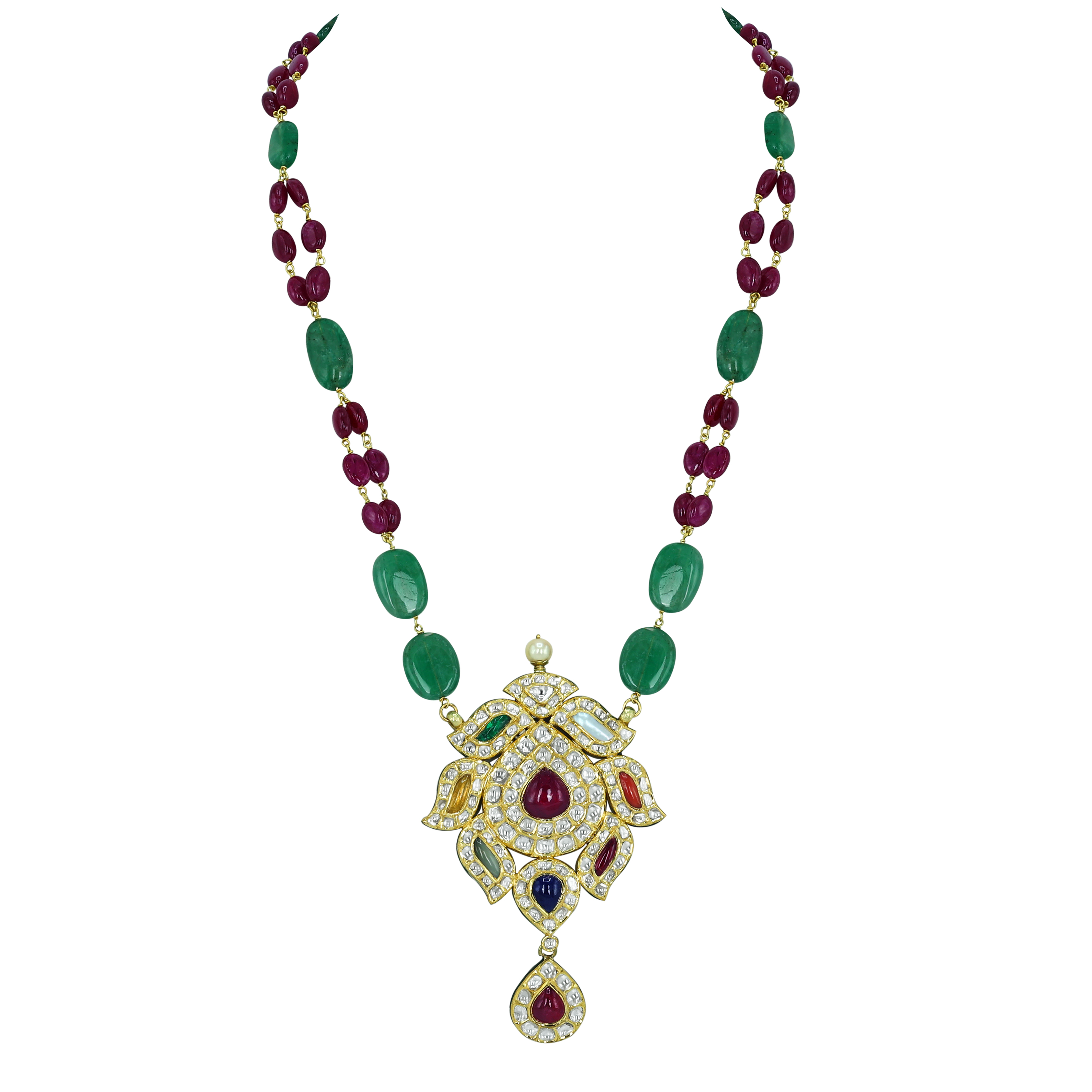 Navaratan Pendant Necklace with Polkis, Ruby, and Emerald Beads