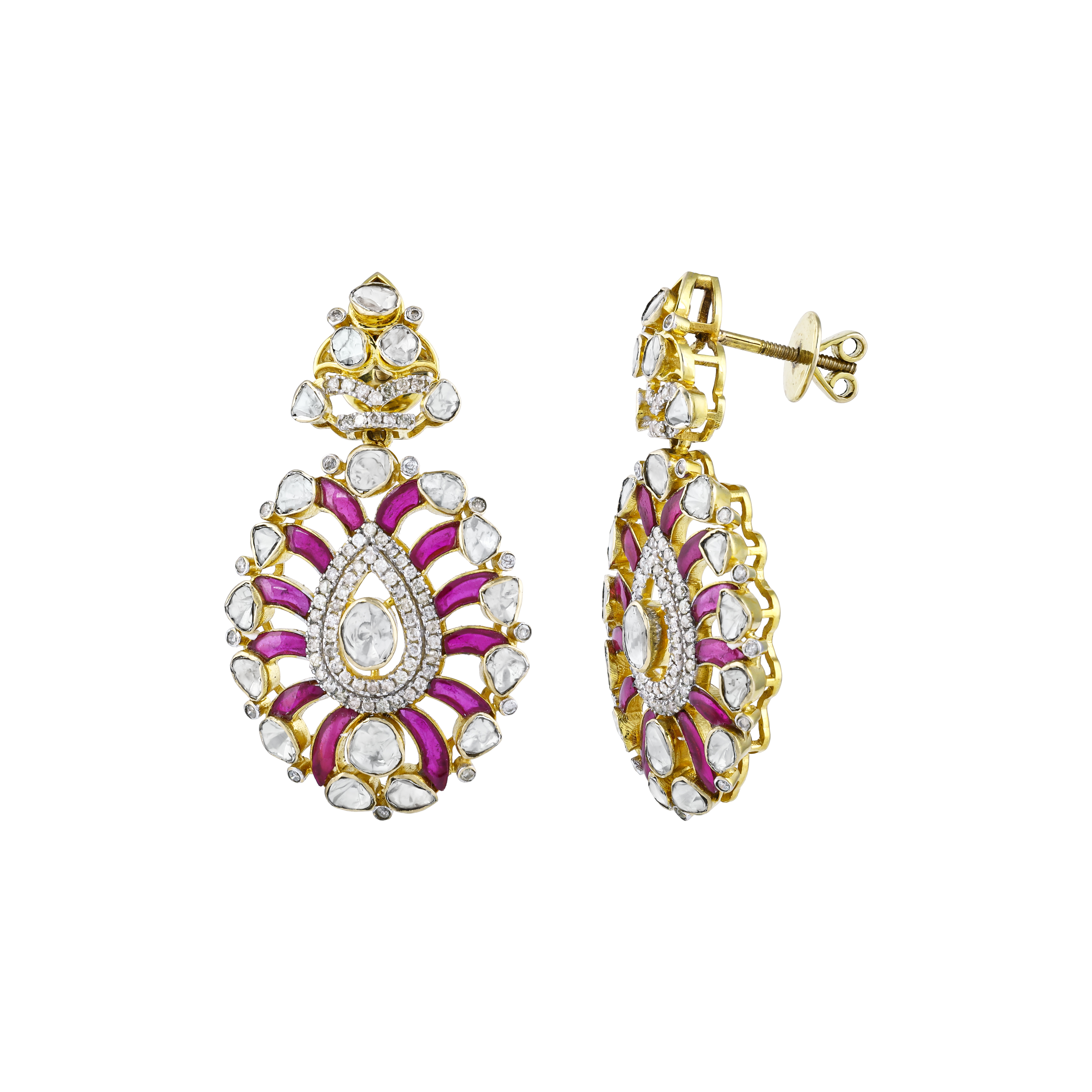 Polki Earrings with Red Talaf and Sparkling Diamonds