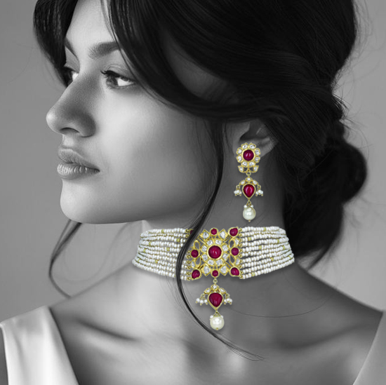 Pearl Strand Choker Set with Ruby, Polki Floral Motif, and Pearl Drop
