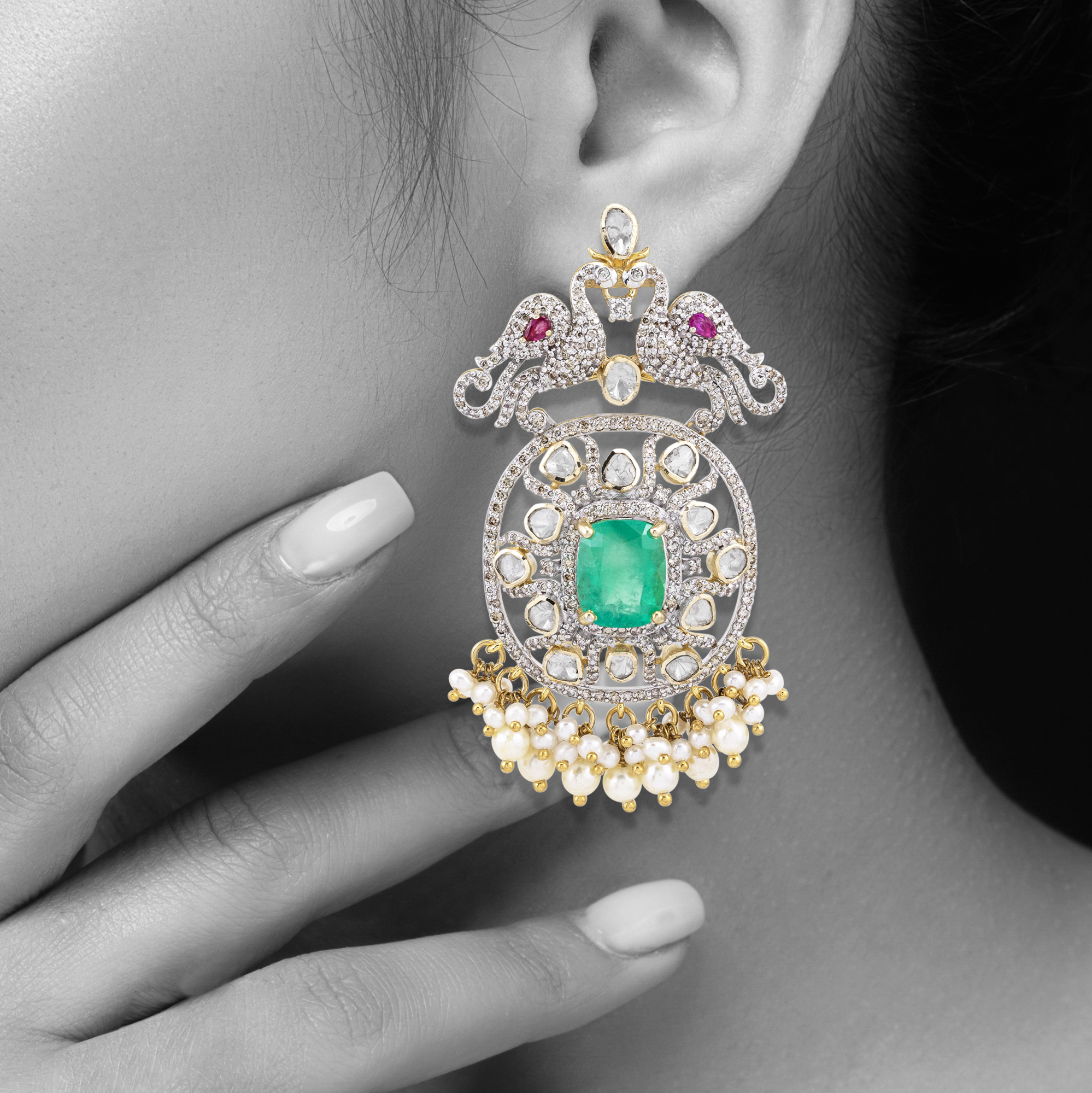 Emerald Cutstone Earrings with Twin Peacock