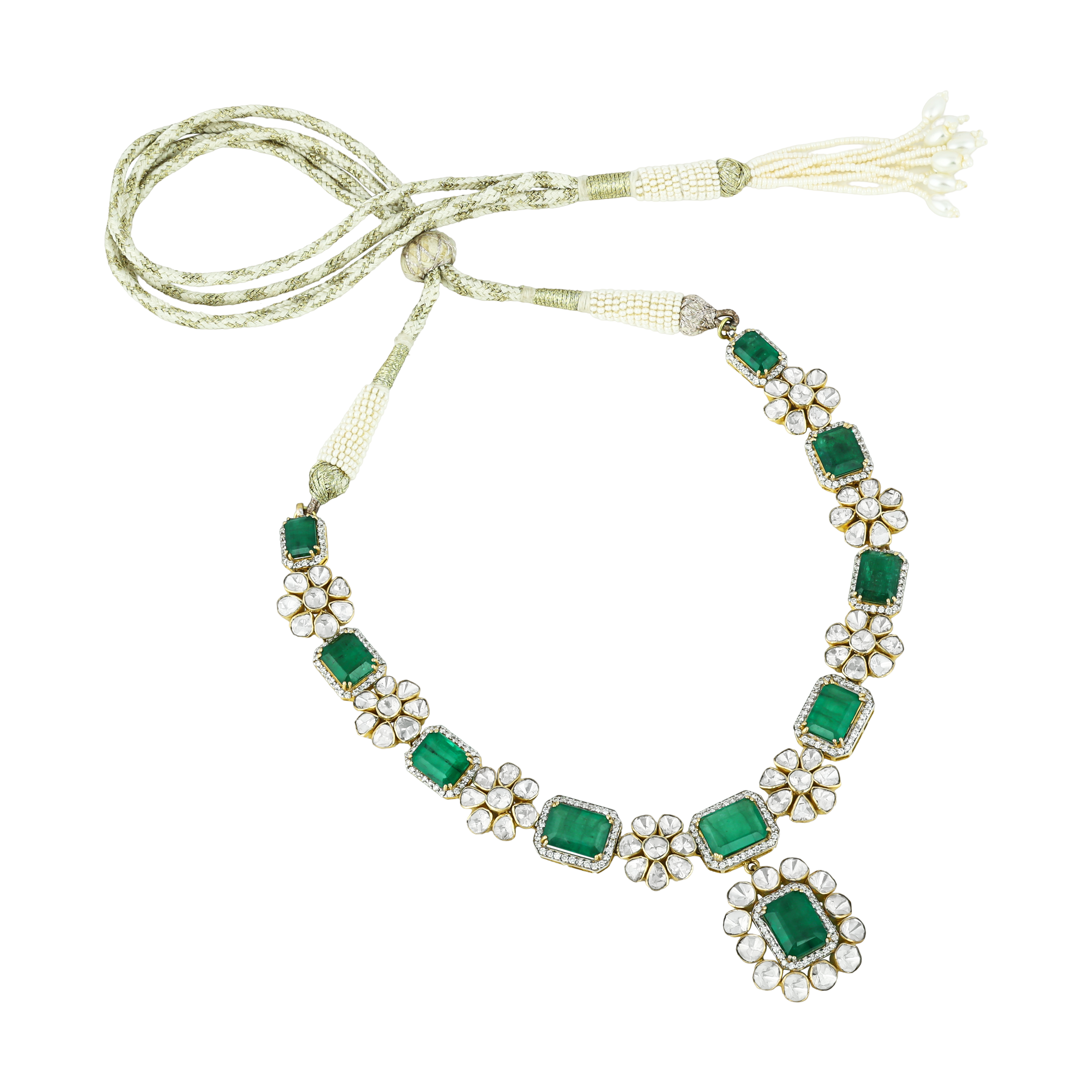 Emerald & Polki Necklace Set with Floral Motifs