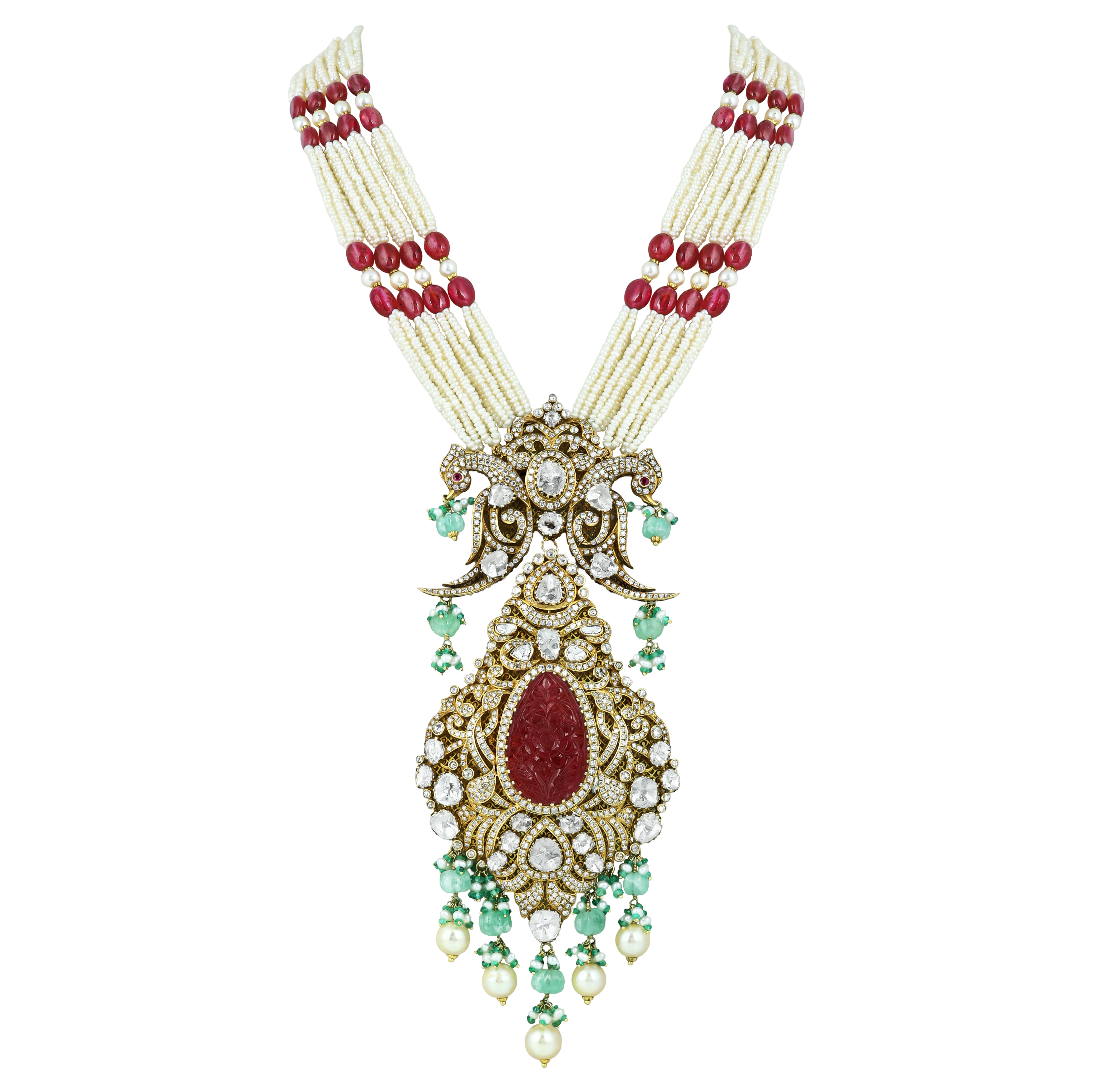 Carved Colourstone Polki Necklace with Pearl, Ruby, and Emerald Drops