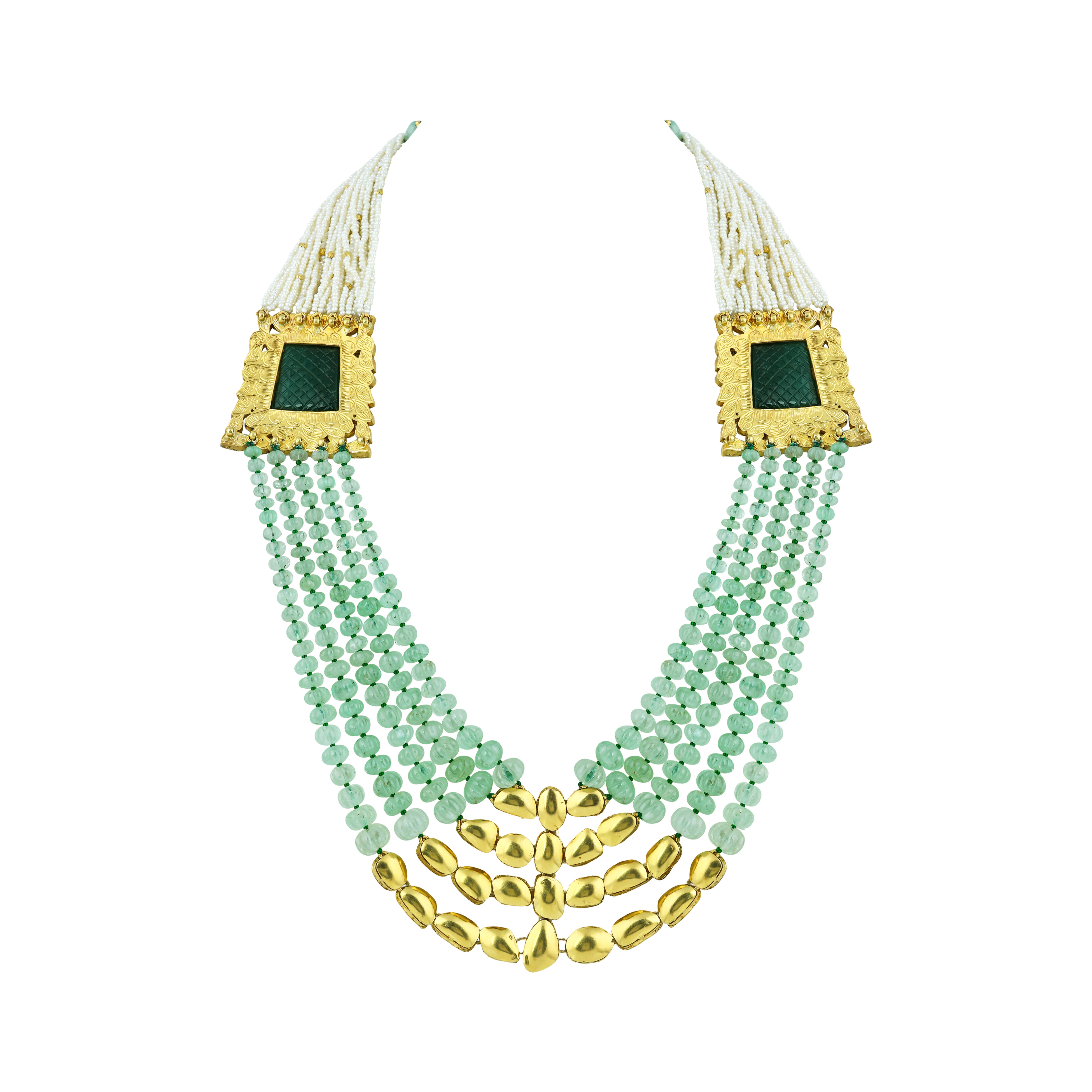 Polki Necklace with Carved Gemstone & Cascading Green Beads