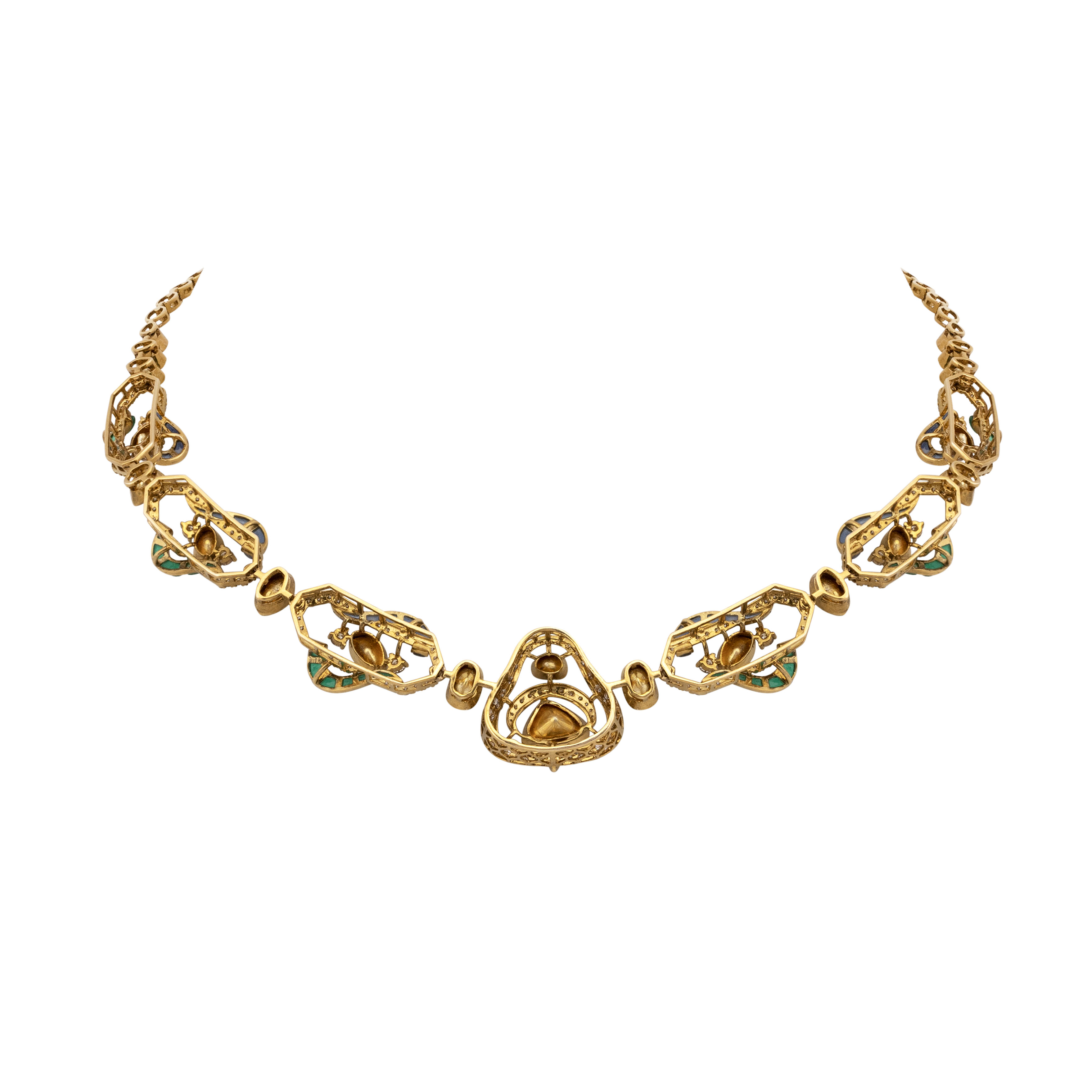 Polki Necklace with Blue-Green Talaf and Linked Motifs