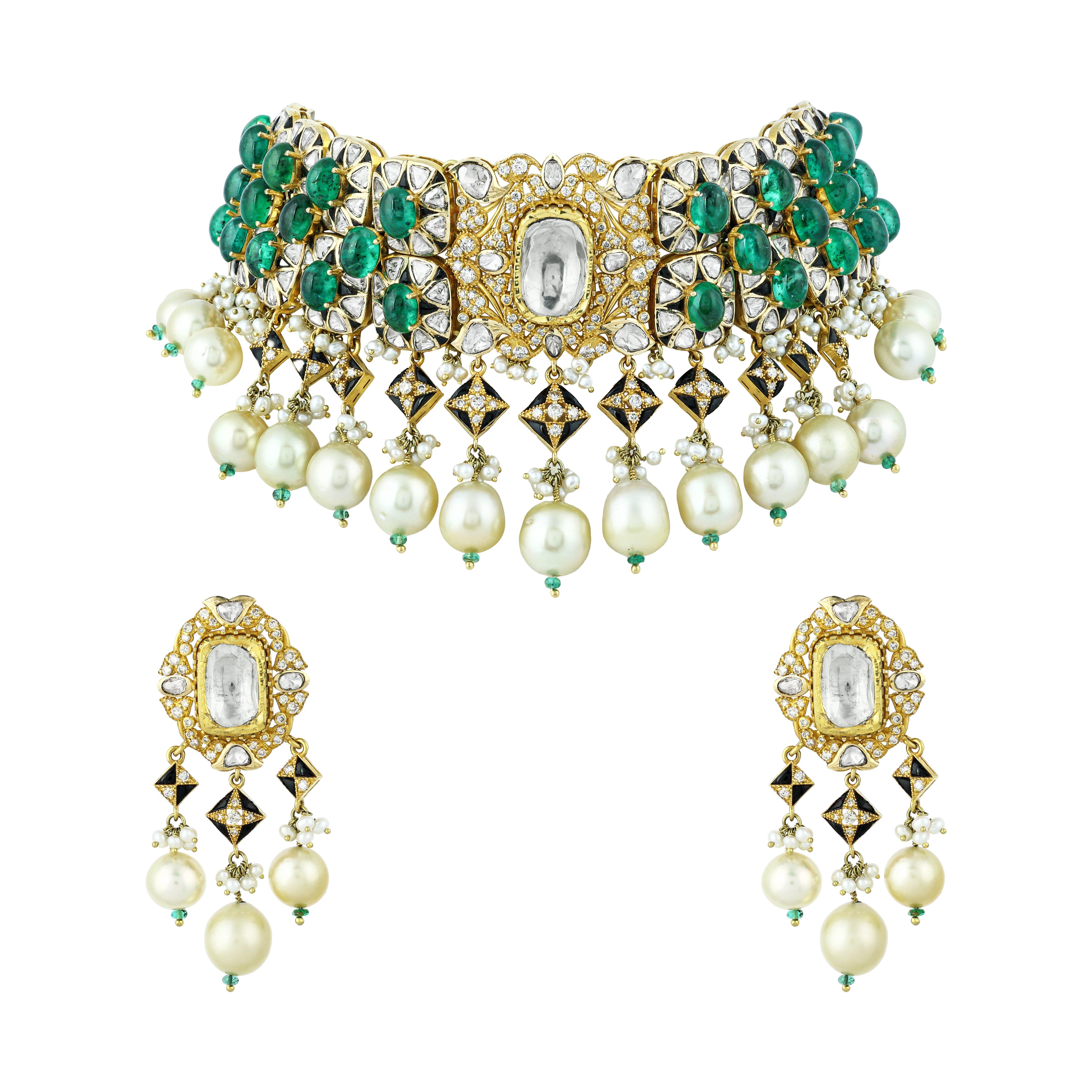 Emerald and Polki Diamond Choker with Pearl Drop Earrings