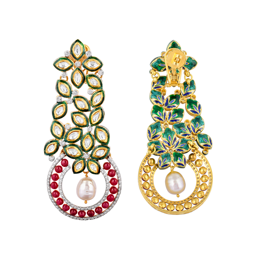Cascading Petal Polki Earrings with Green Meena, Ruby Beads, and Pearl