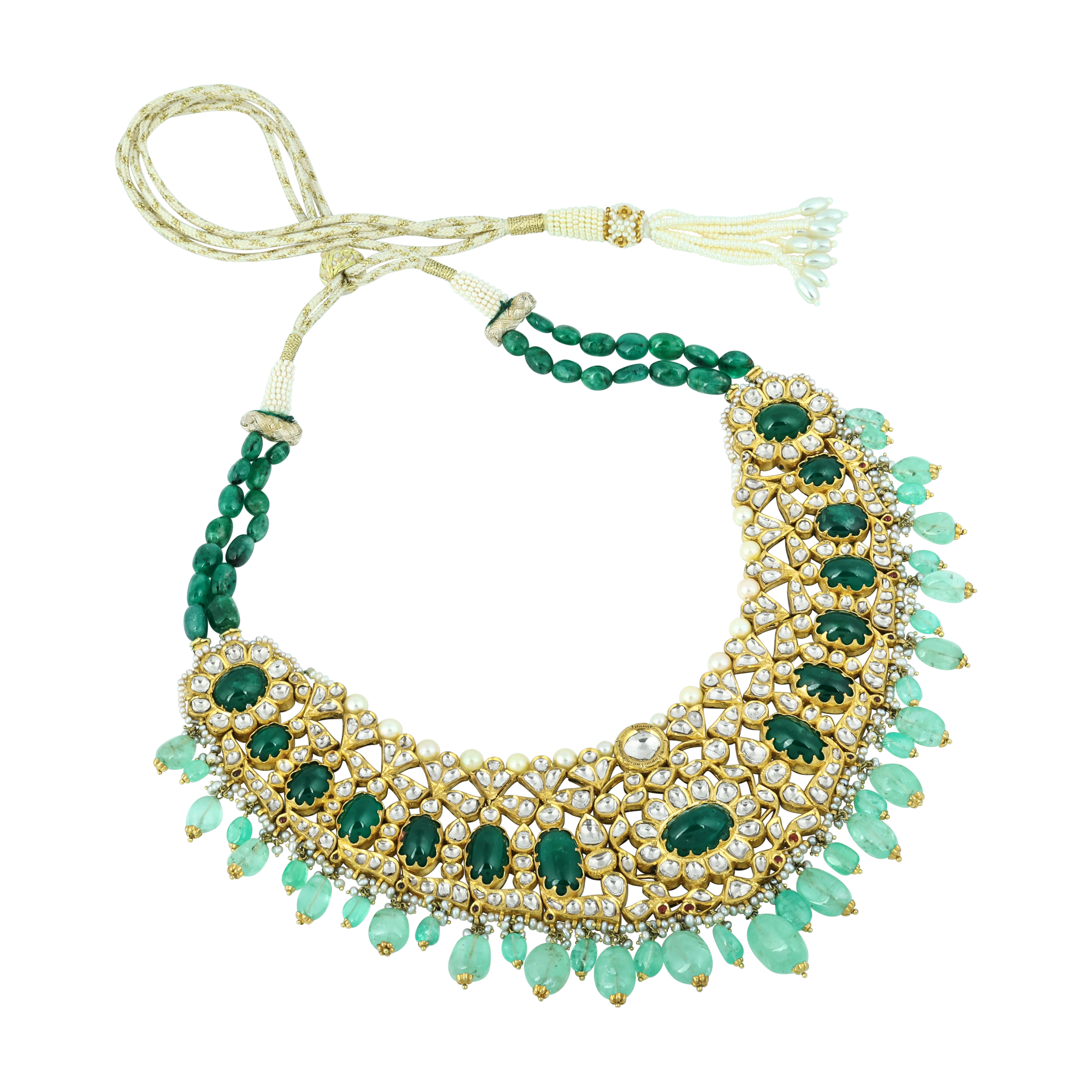 Green Cabochons & Polki Necklace Set with Pearl Accents