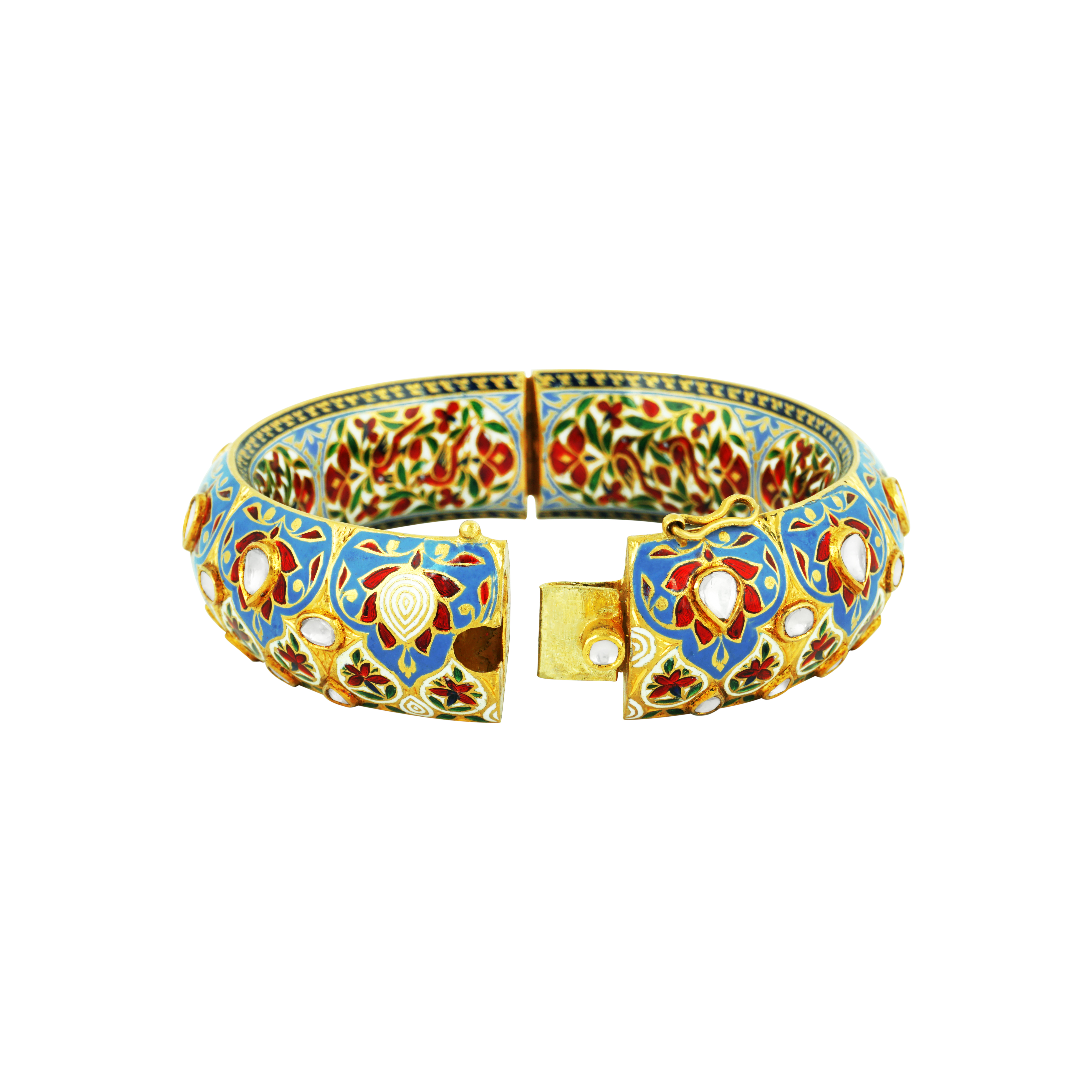 Gold Bangle with Crimson Lotus Motifs and Polki on Blue Enamel