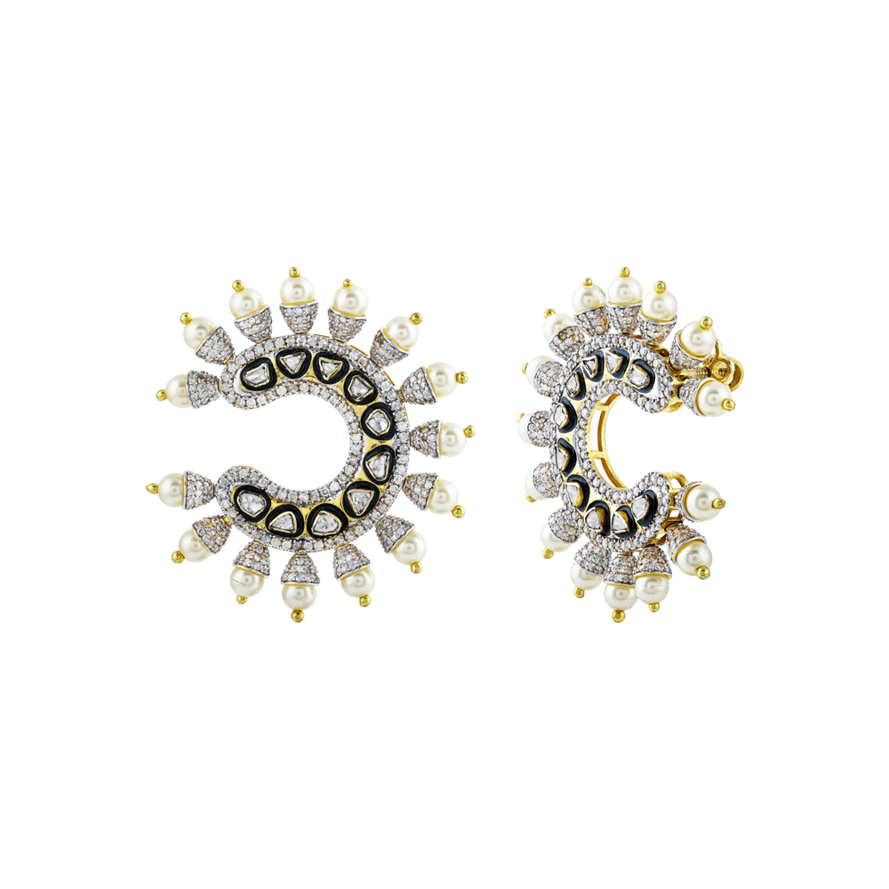 Crescent-Shaped Polki Earrings with Black Enamel, Diamonds and Pearls