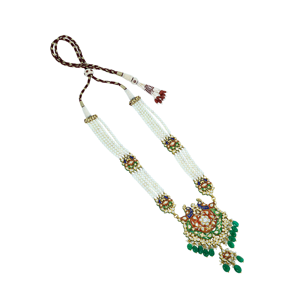 Peacock Meenakari Pendant with Pearl Strings and Emerald Drops