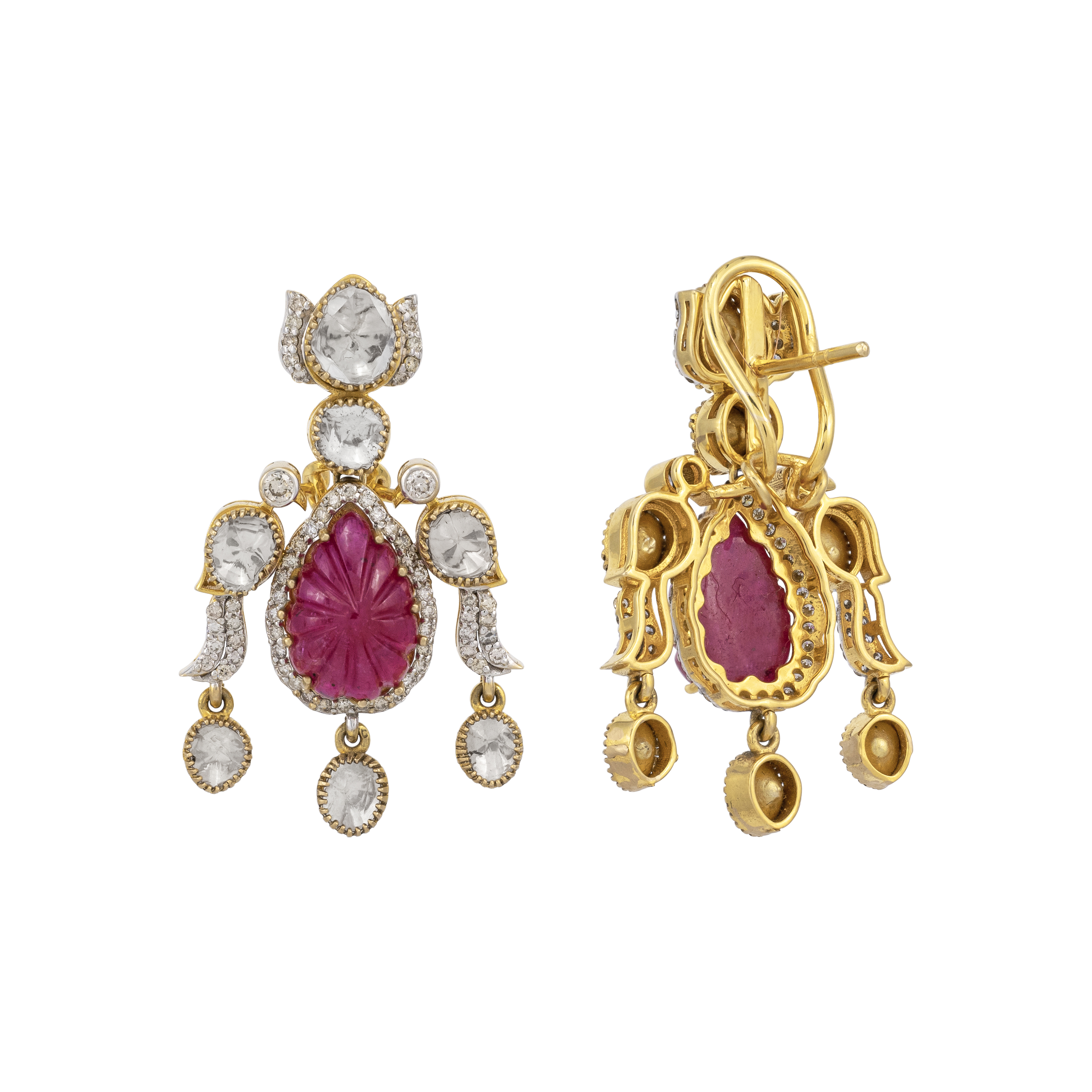 Carved Ruby and Polki Drop Earrings with Bird Motif