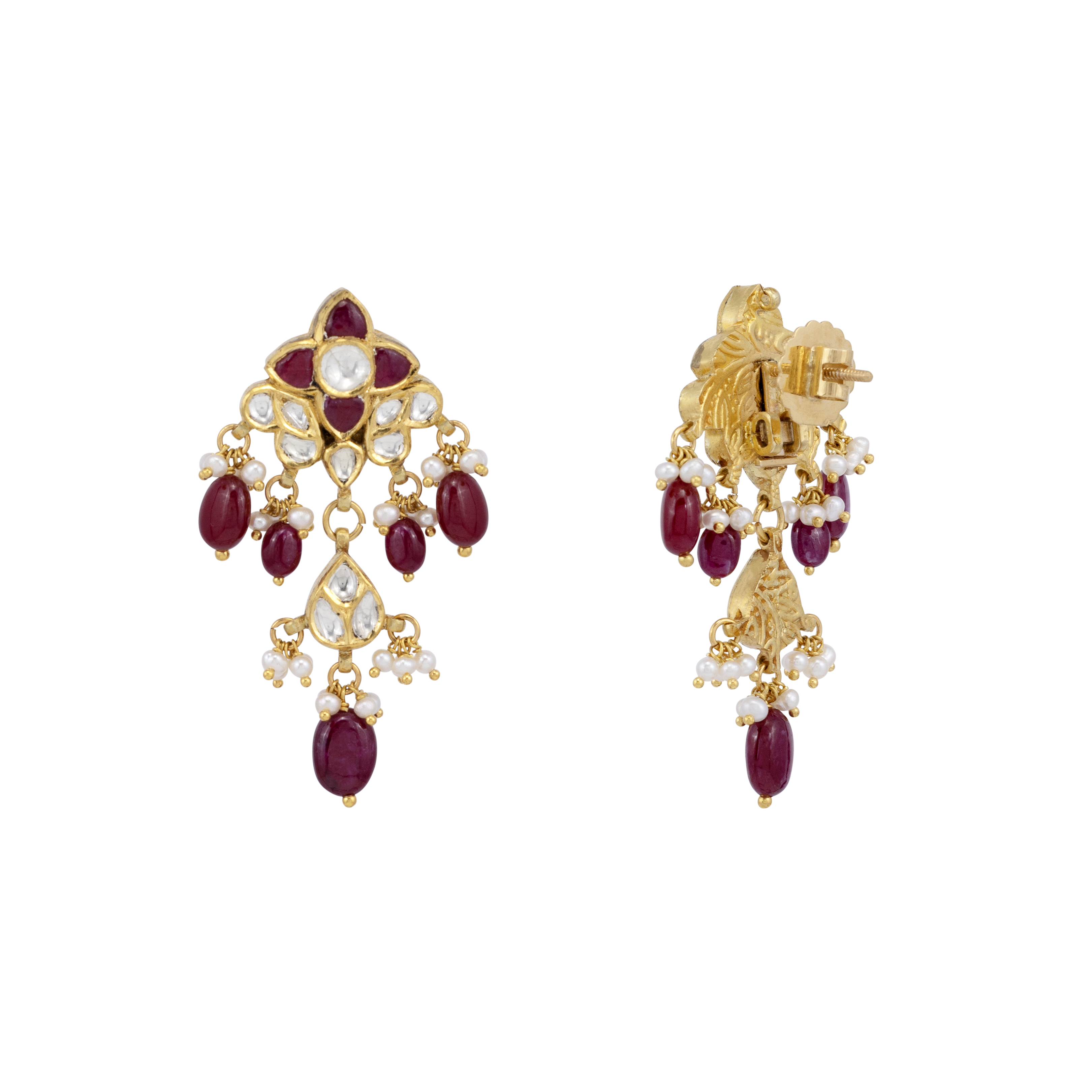 Cascading Ruby and Polki Floral Drop Earrings