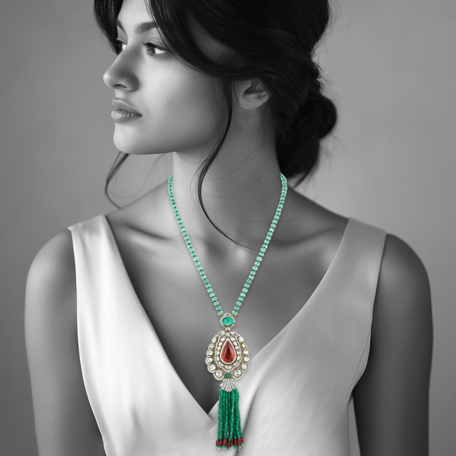 Pear Tourmaline Polki Pendant with Emerald Bead Tassels