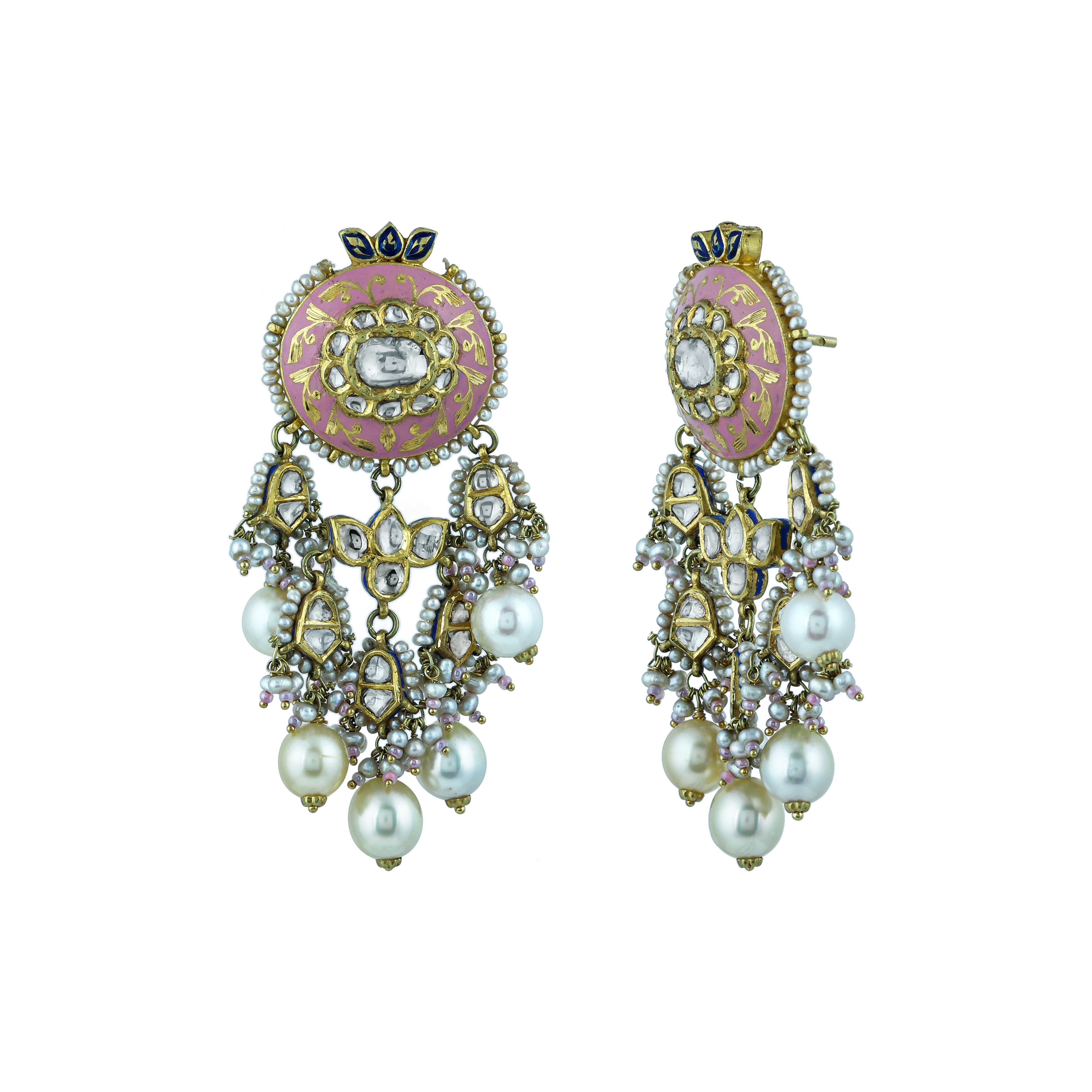 Pink Enamel Necklace Set with Uncut Diamond Polkis & Pearls