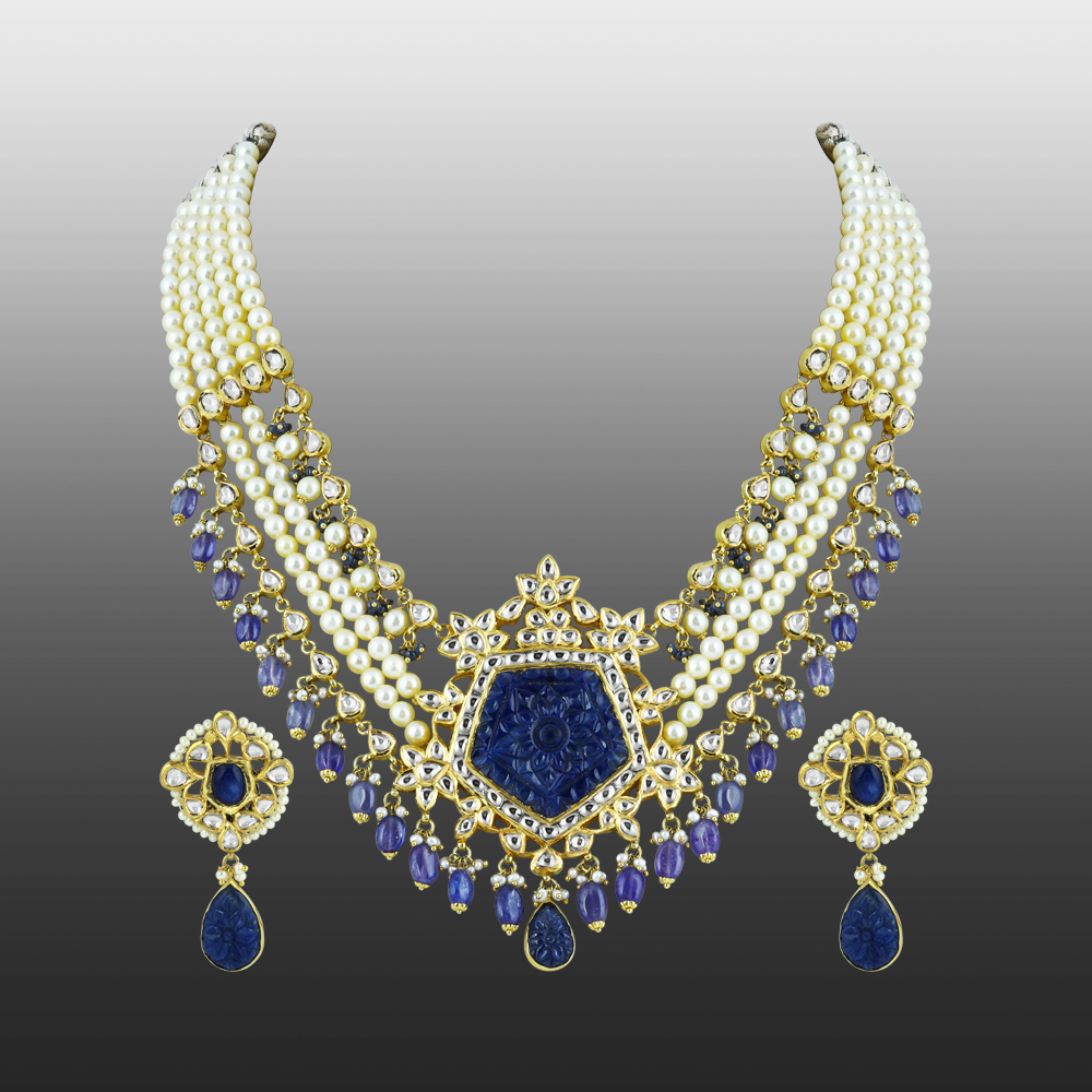 Pearl Strings and Carved Blue Stone Necklace Set with Polki