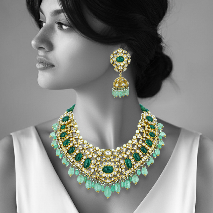 Green Cabochons & Polki Necklace Set with Pearl Accents