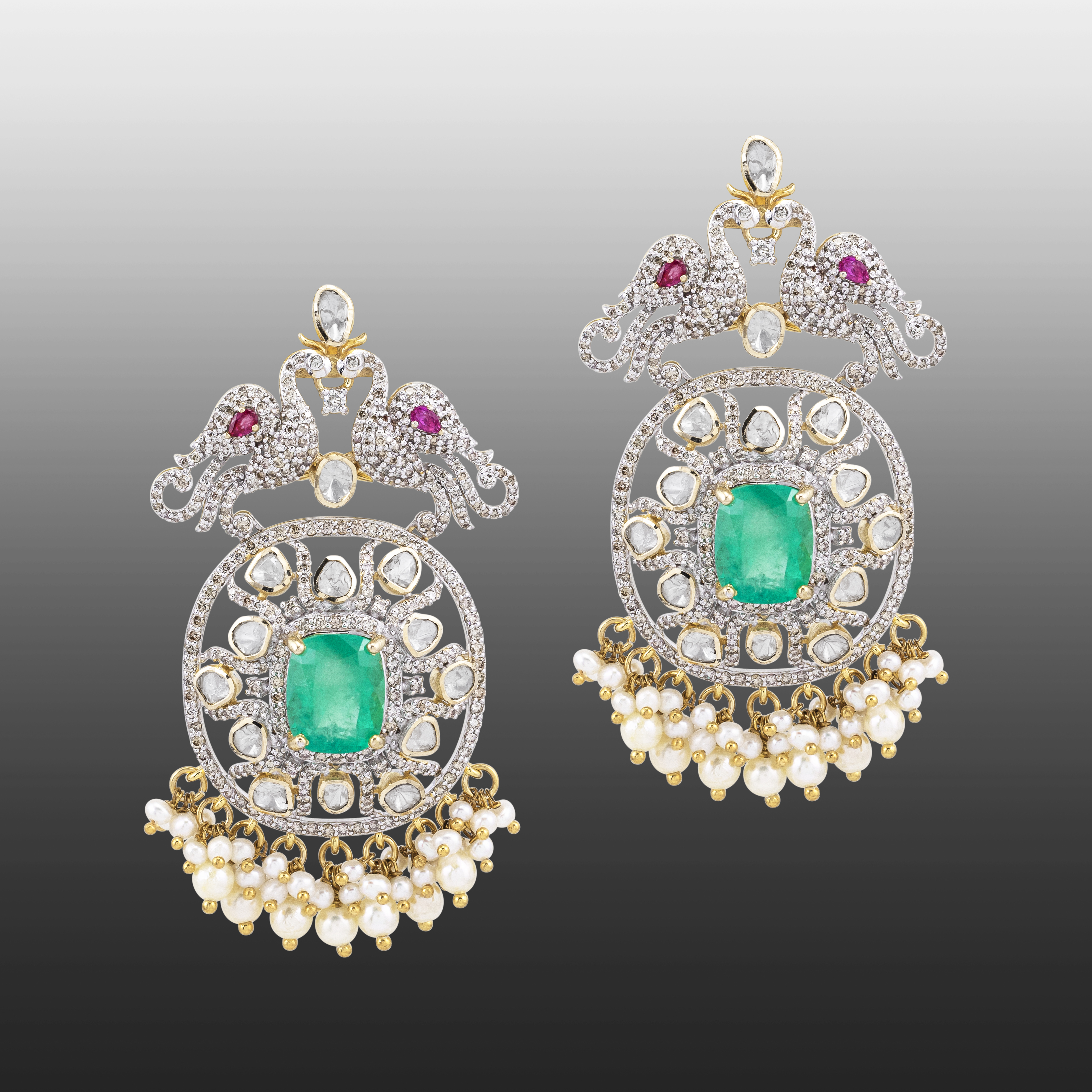 Emerald Cutstone Earrings with Twin Peacock
