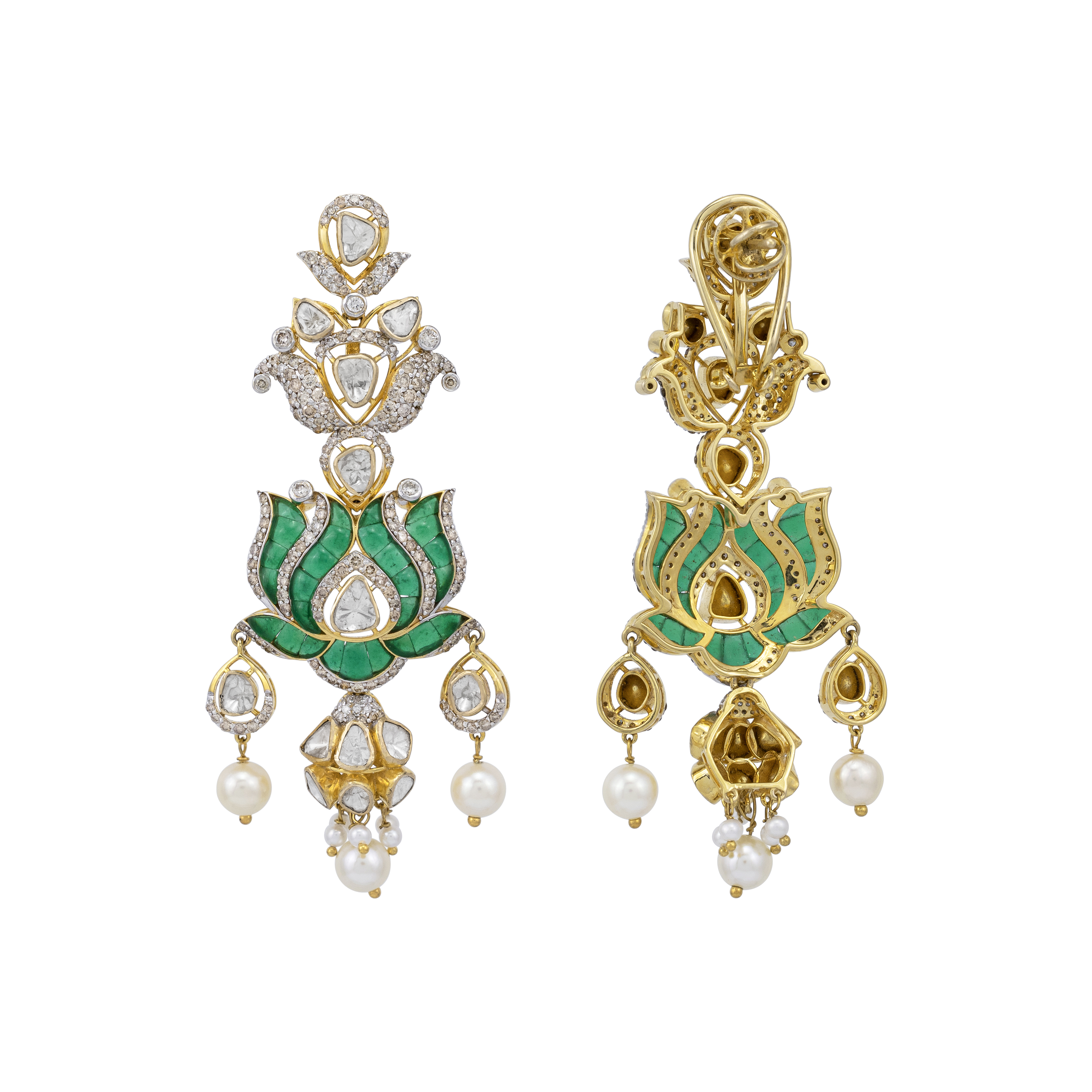 Polki Lotus Danglers with Japanese Pearl Drops