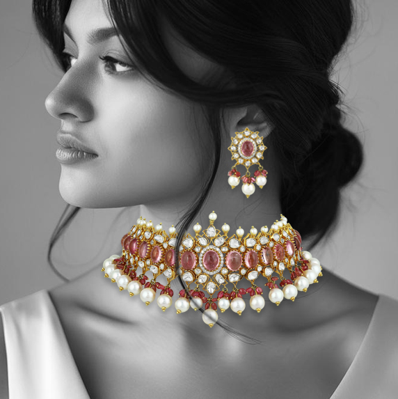 Tourmaline Polki Choker Set with Pearl Drop Accents