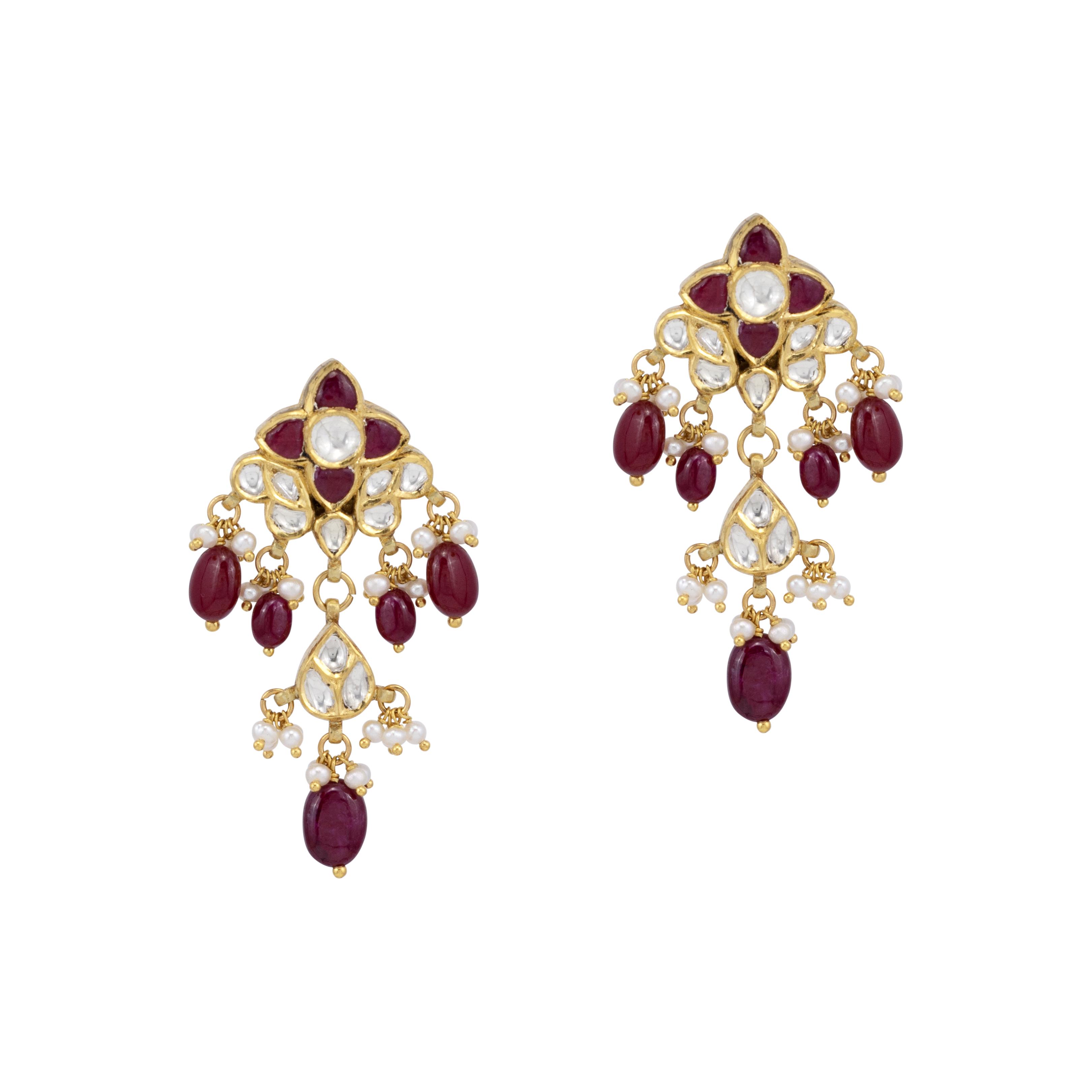 Cascading Ruby and Polki Floral Drop Earrings