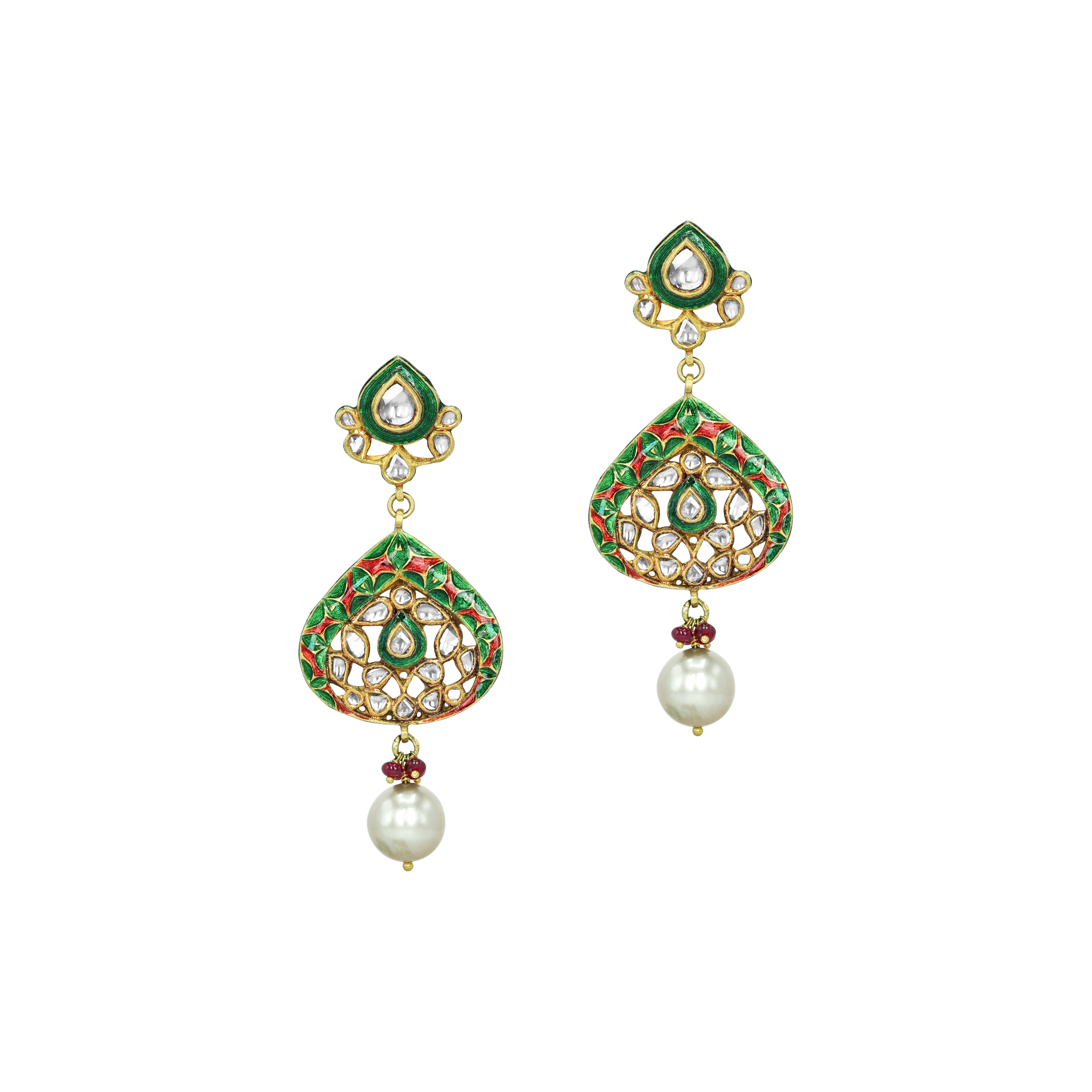 Polki Necklace Set with Green Enamel, Pearl Strands, and Drops