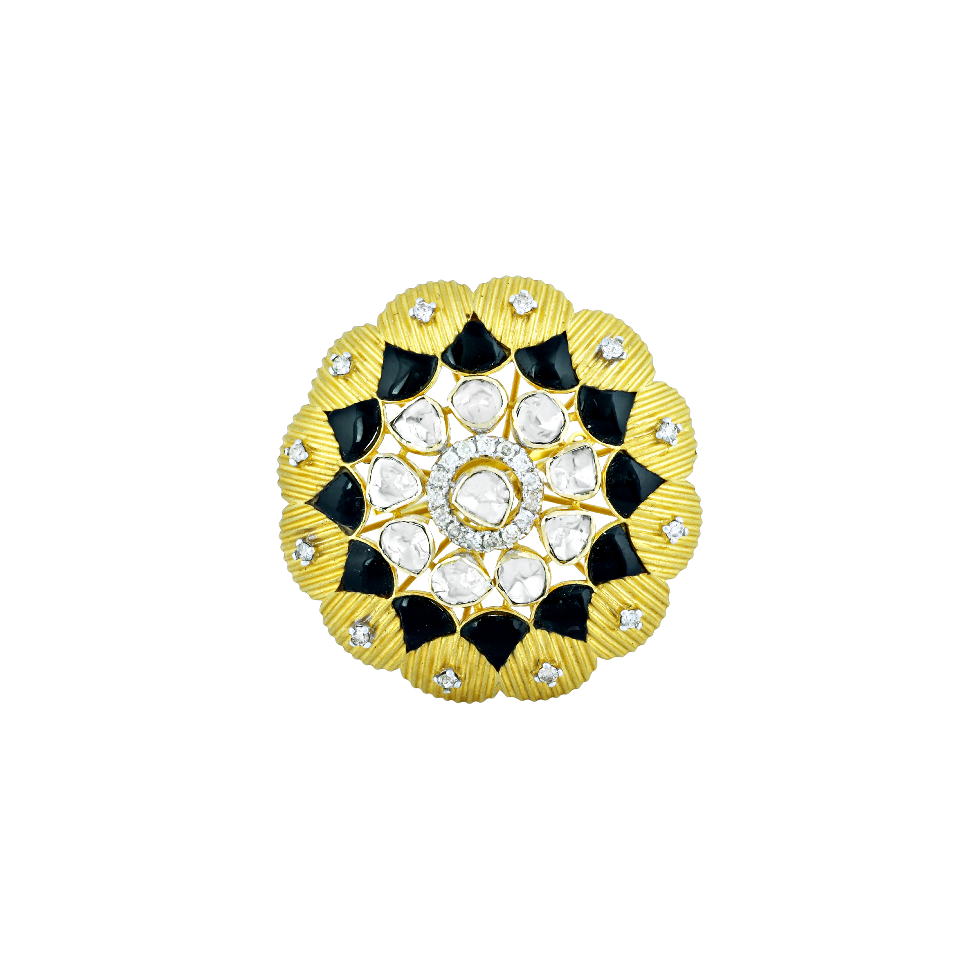 Polki Ring with Black Enamel, Gold Detailing, and Diamonds