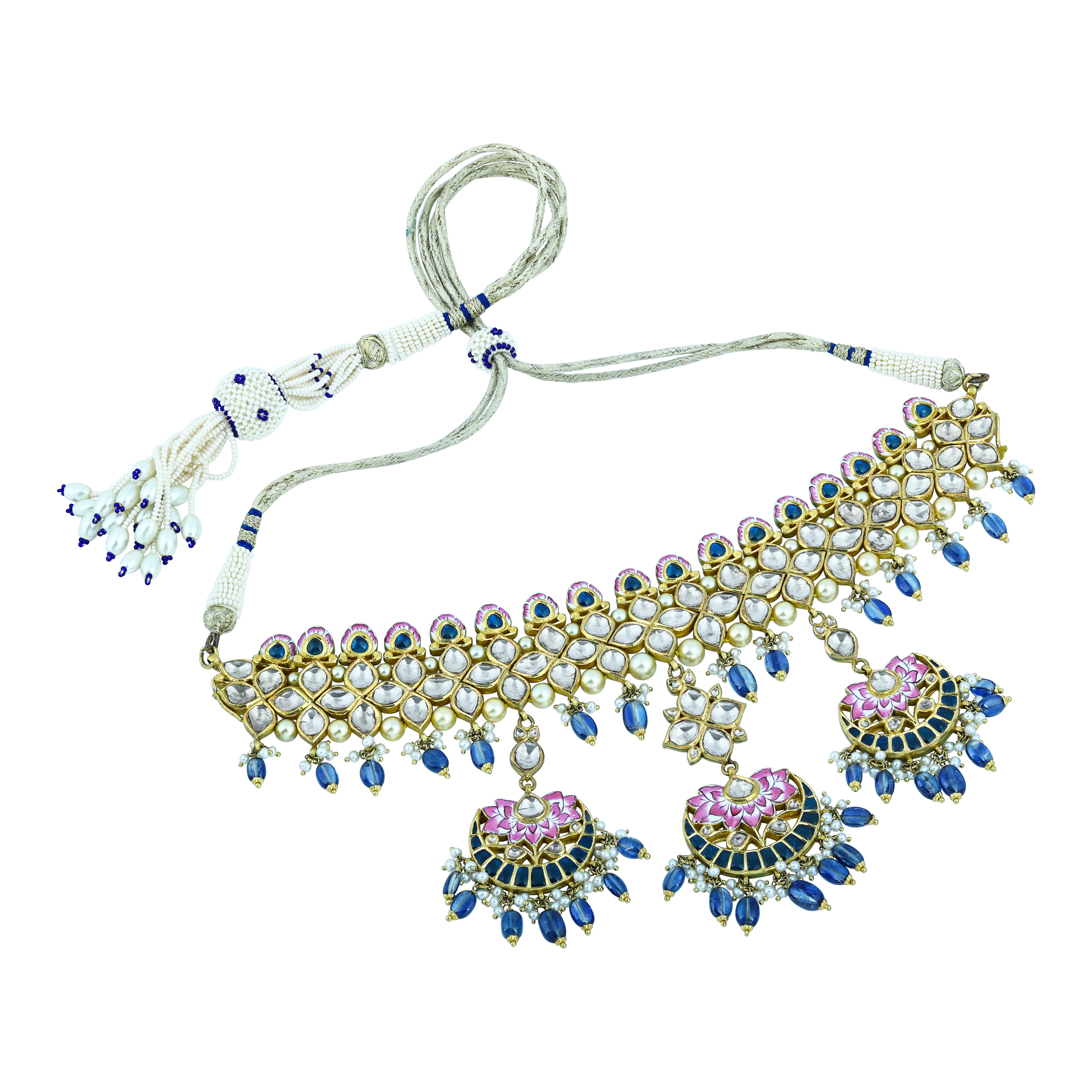 Lotus Enamel Choker Set with Polkis and Blue Kinite Beads