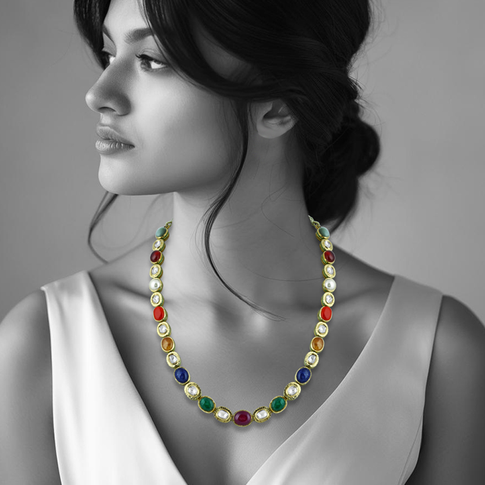 Navaratna Necklace with Polki and Nine Celestial Gemstones