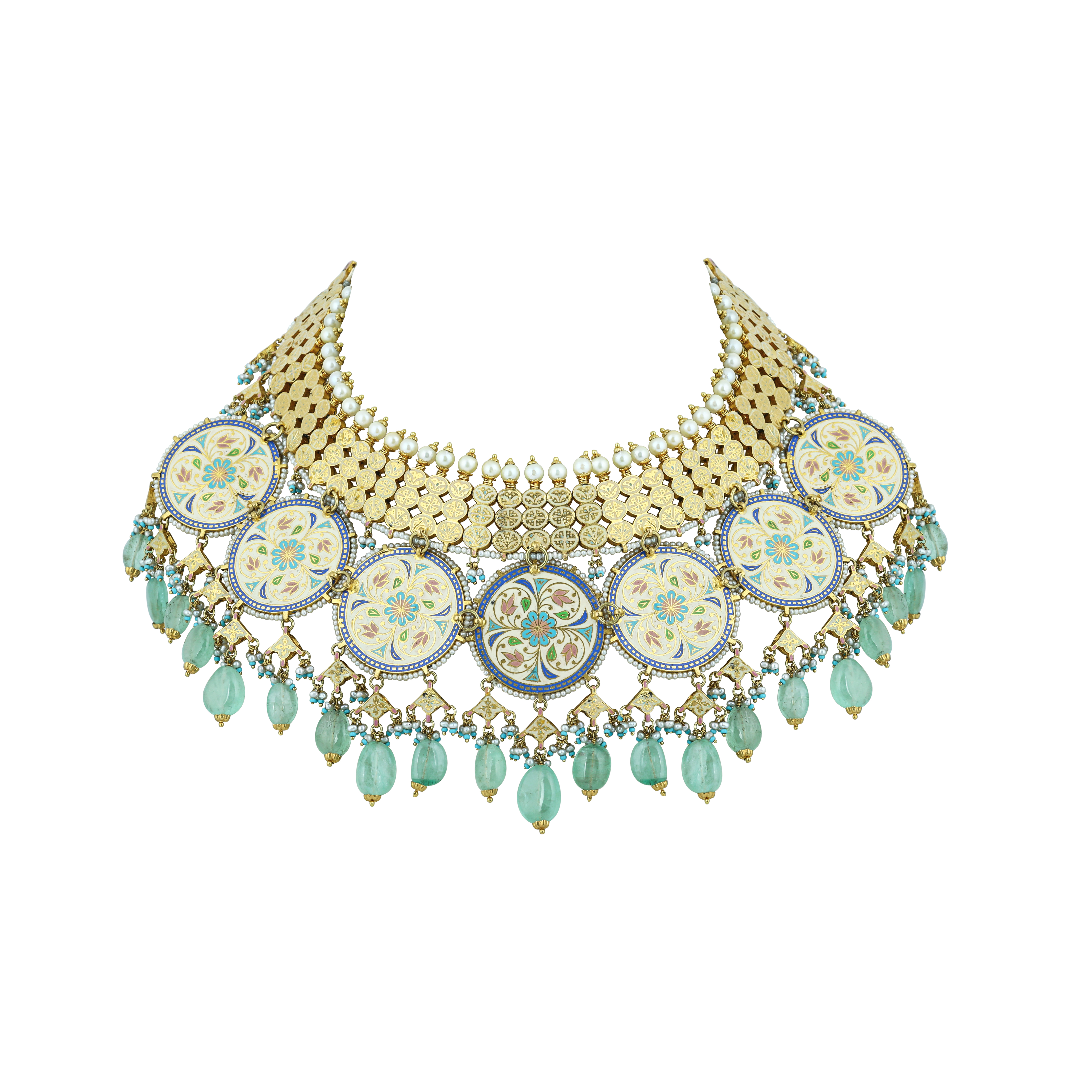 Meenakari Polki Necklace Set with Mint Green Drops and Pearls