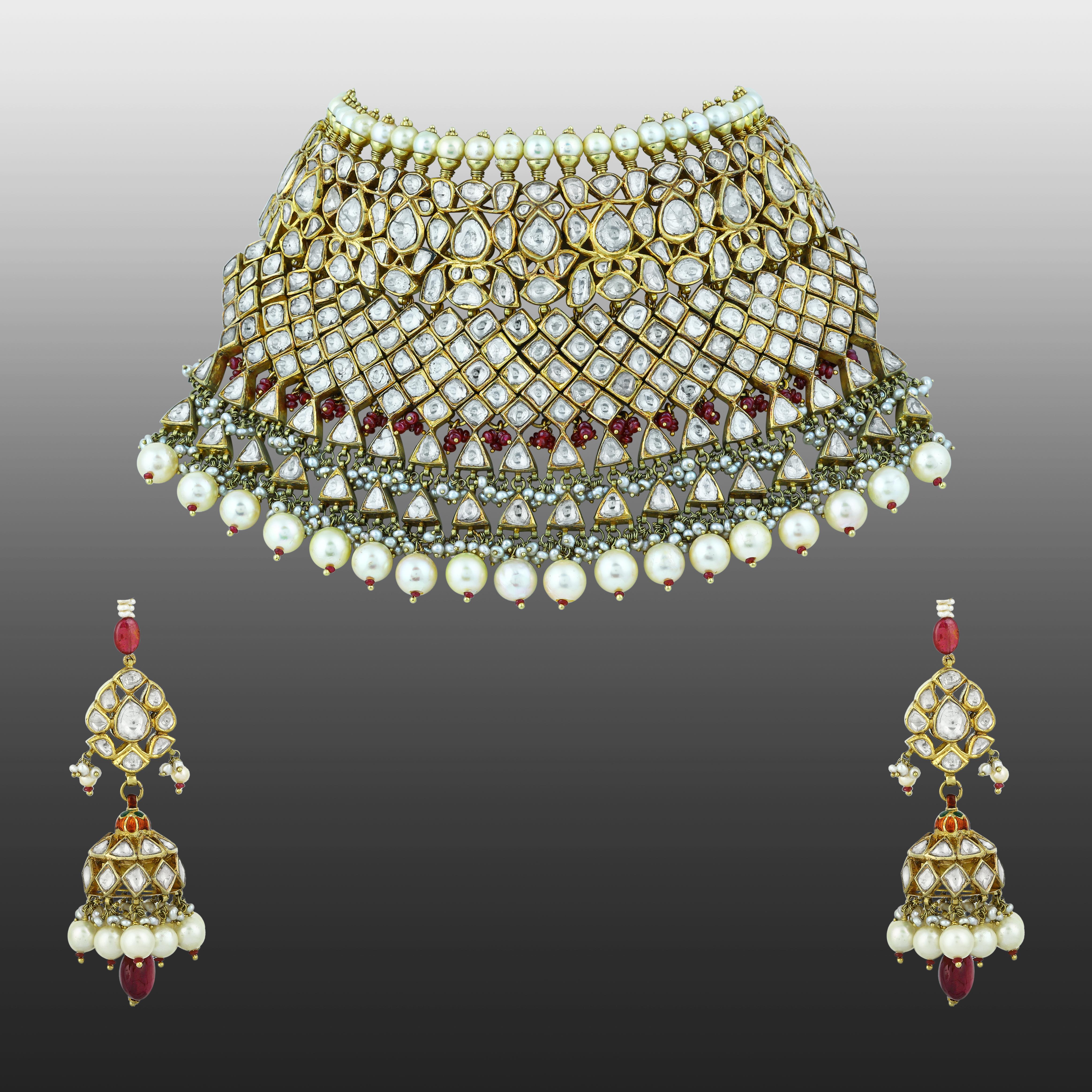 Layered Choker Set with Red Accents and Polki Lattice