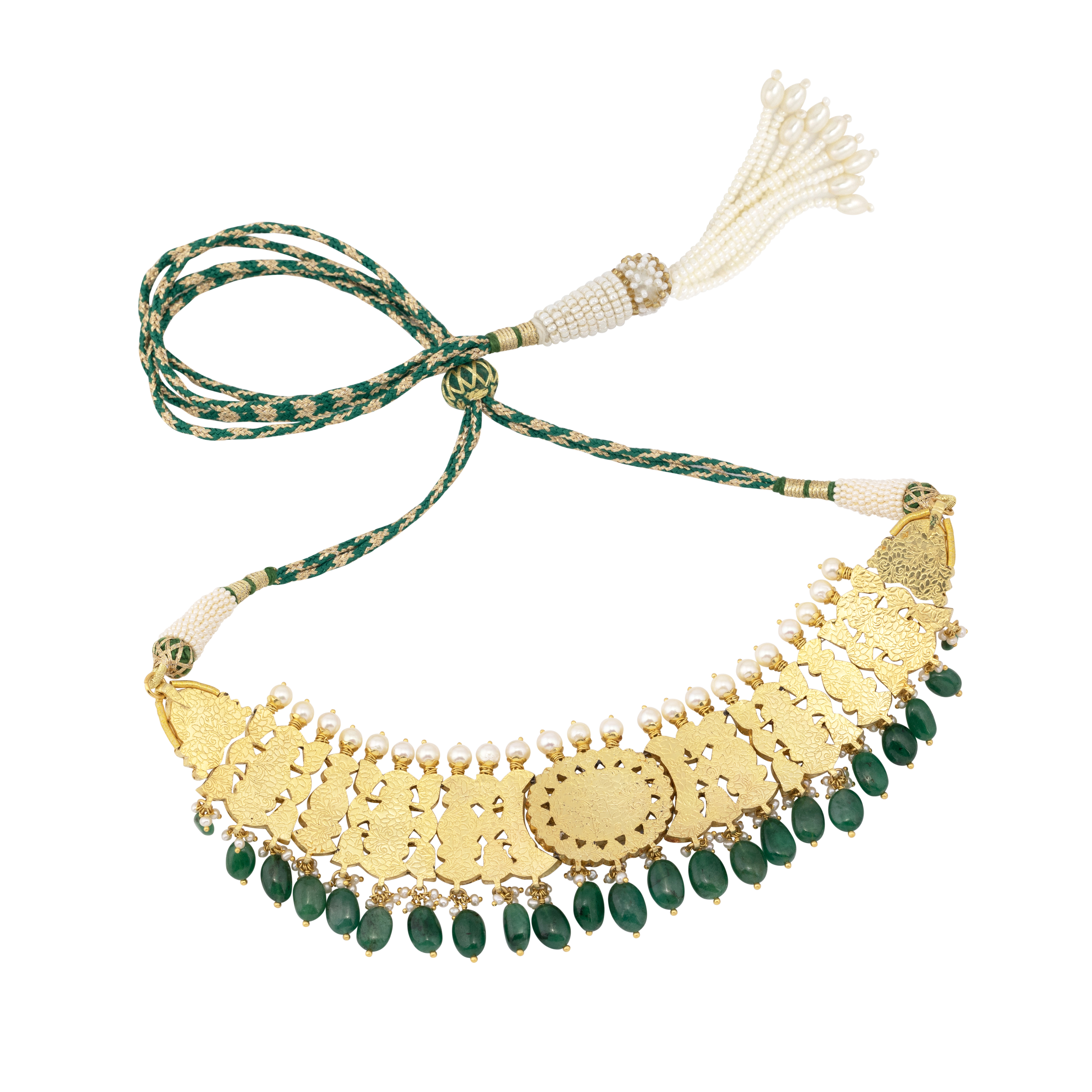 Polki Choker with Central Floral Ruby and Emerald Bead Fringe
