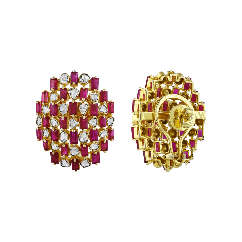 Geometric Red Cut Stone Earrings with Polkis