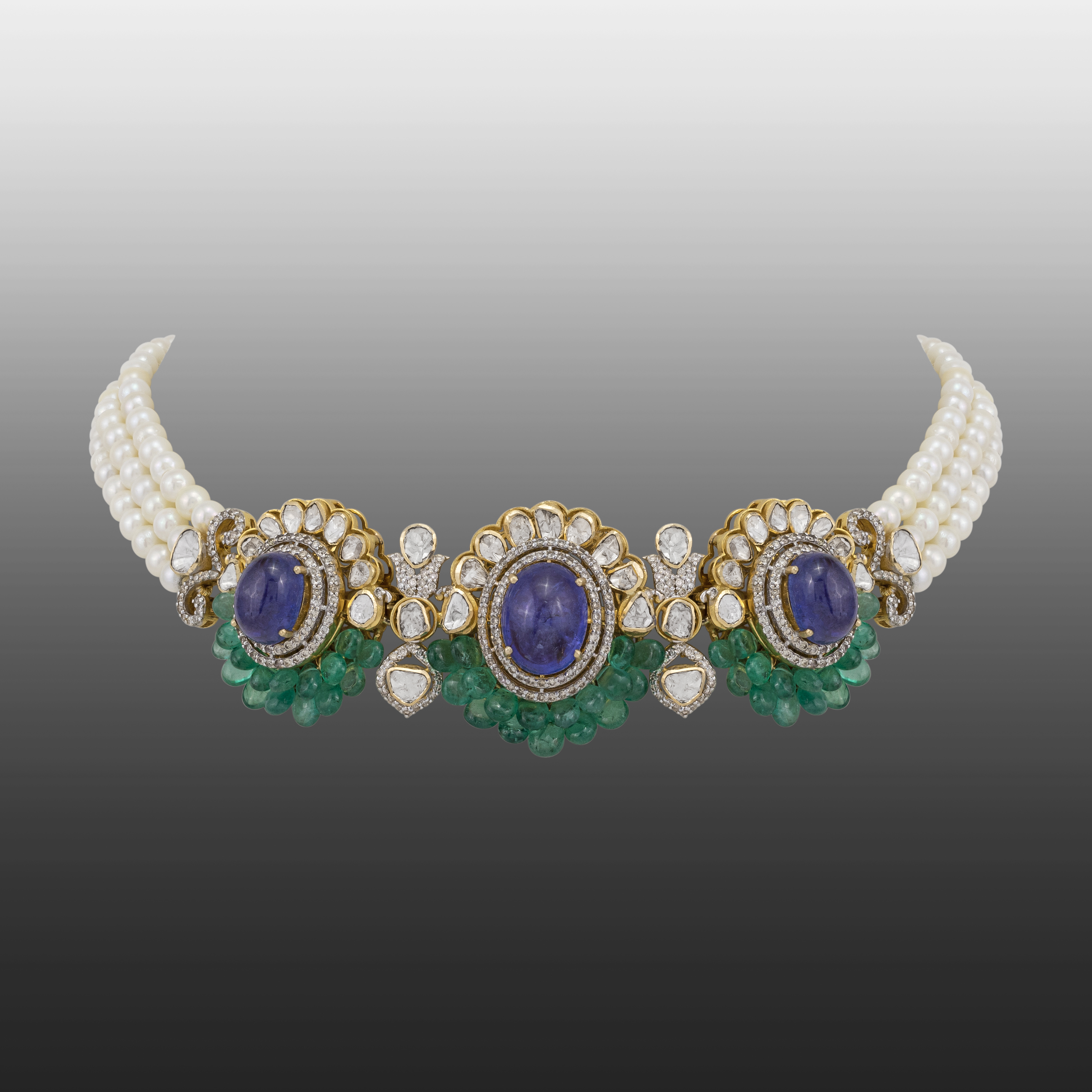 Tanzanite and Emerald Choker with Pearl Strands