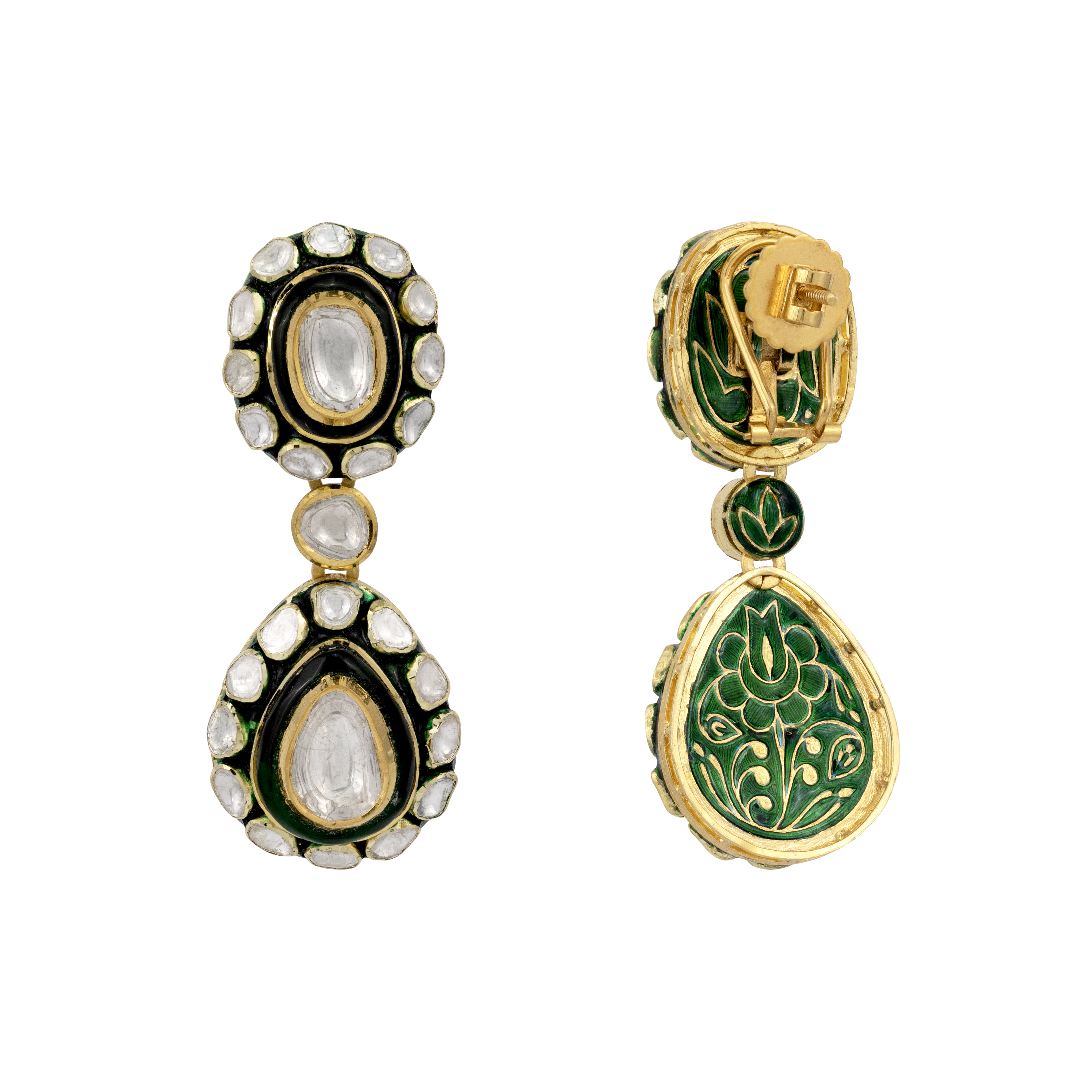 Uncut Polki Necklace with Green Enamel Chuddi Work