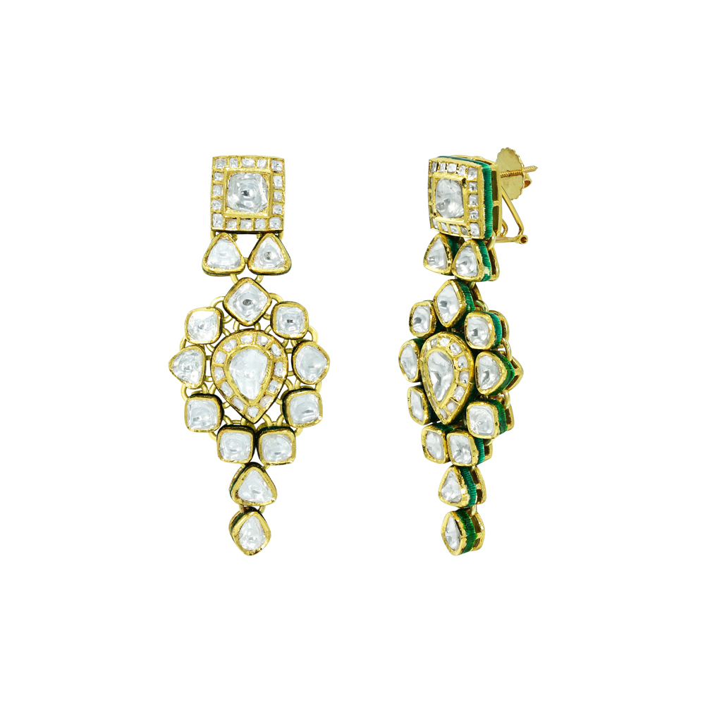 Gold Dangling Earrings with Pear-Shaped Polki Center