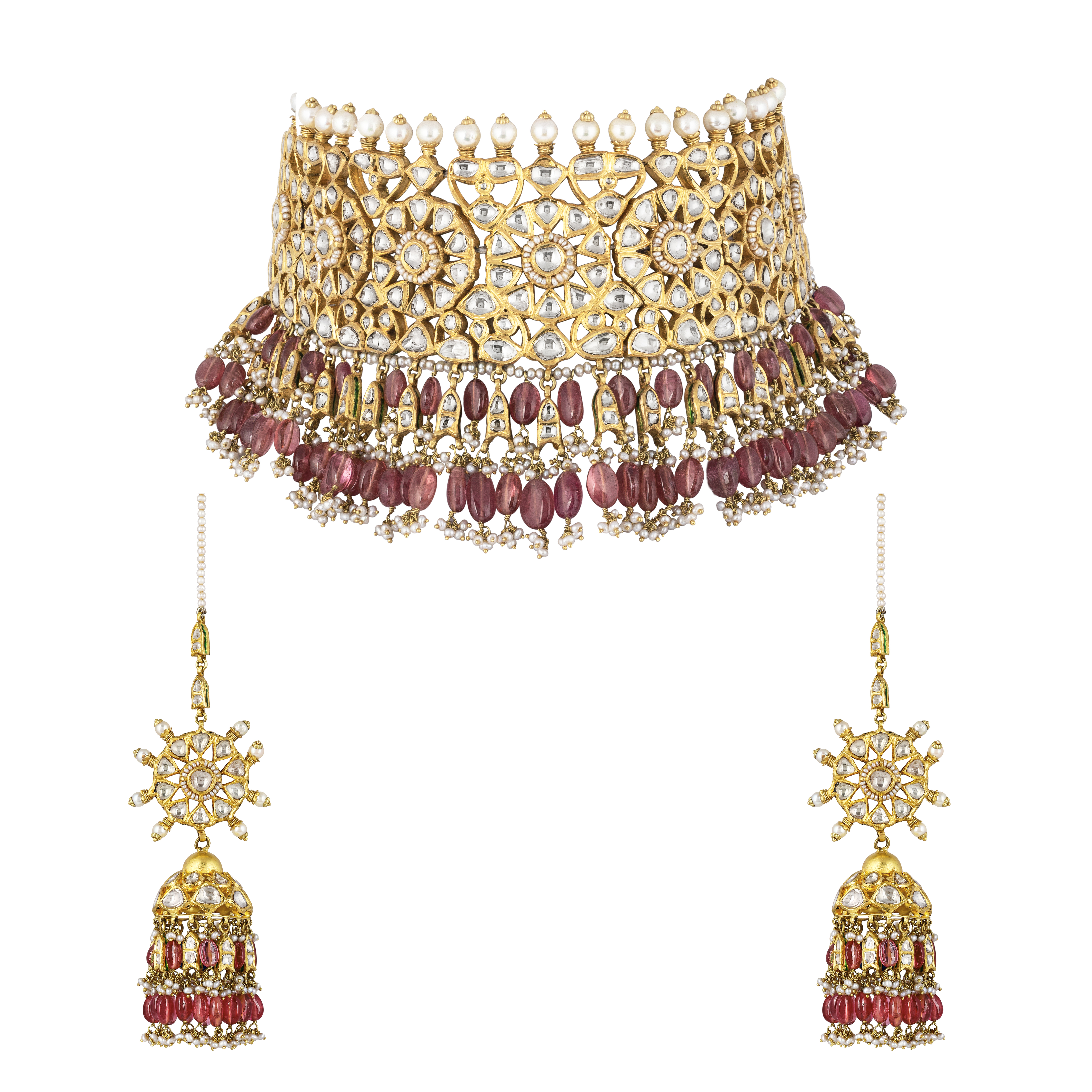 Polki Diamond Choker & Earrings with Pink Tourmaline Drops