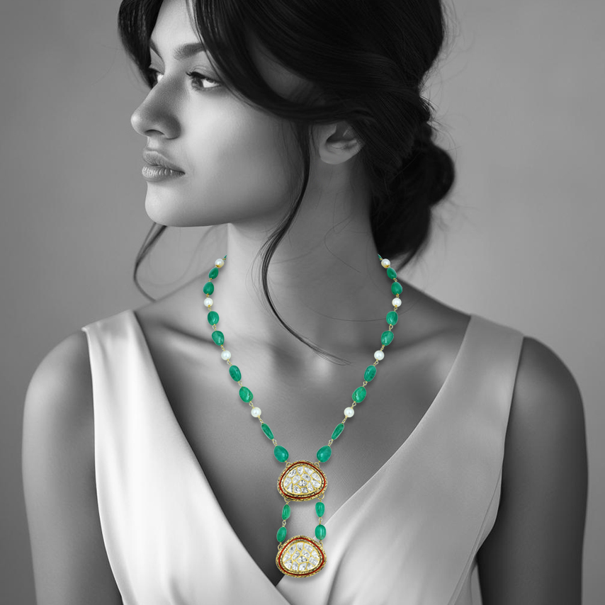 Emerald and Pearl Necklace with Dual Polki Pendants