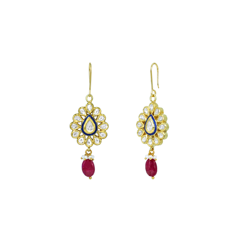Floral Polki Earrings with Blue Enamel and Ruby Bead Drops