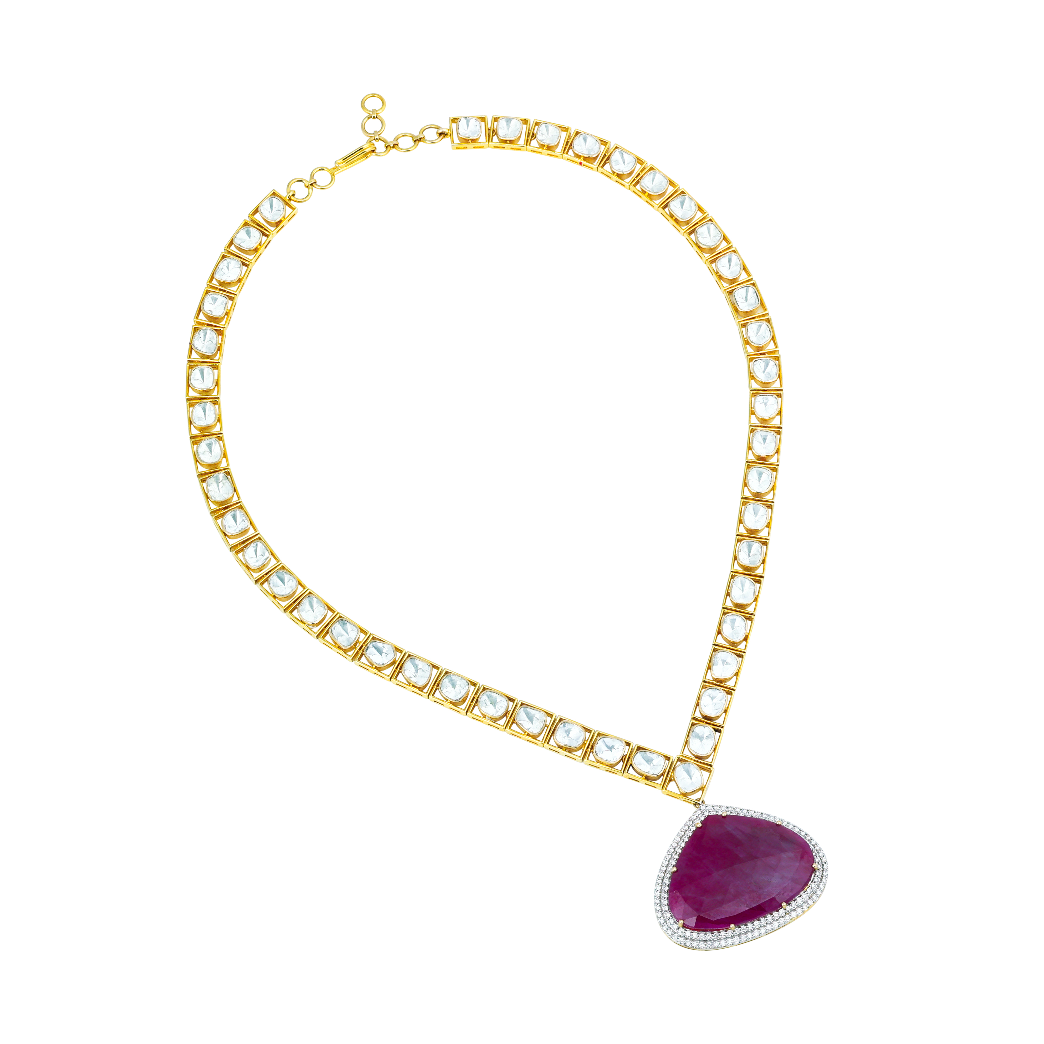 Ruby Polki Pendant Necklace Set with Diamond Halo