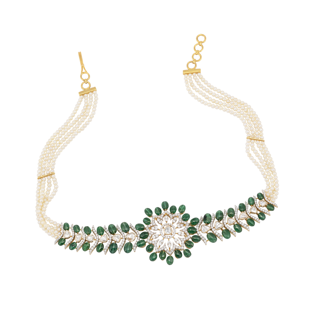 Floral Diamond Choker with Emerald Beads and Pearl Strands