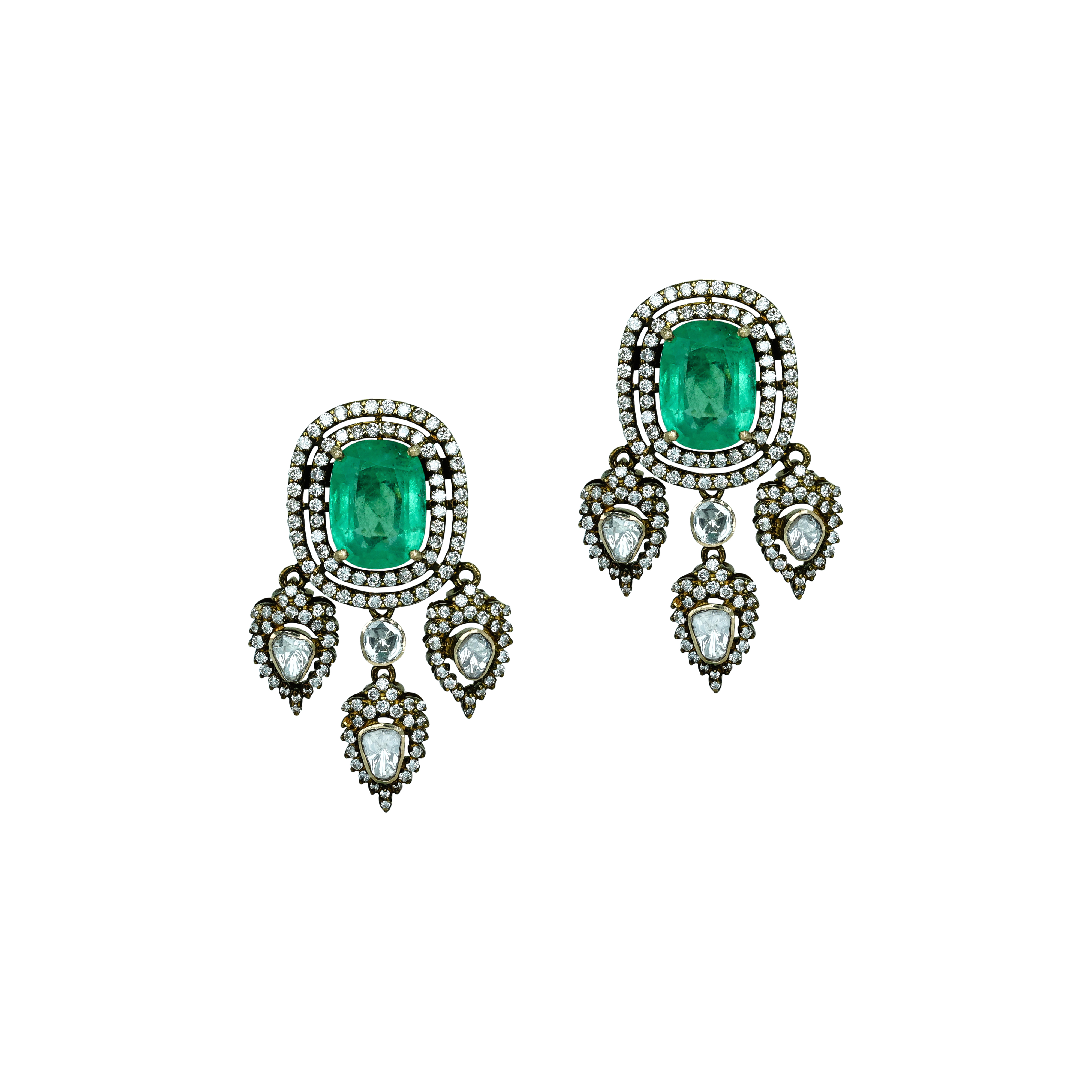 Antique Emerald Necklace Set with Diamond Halos and Teardrops