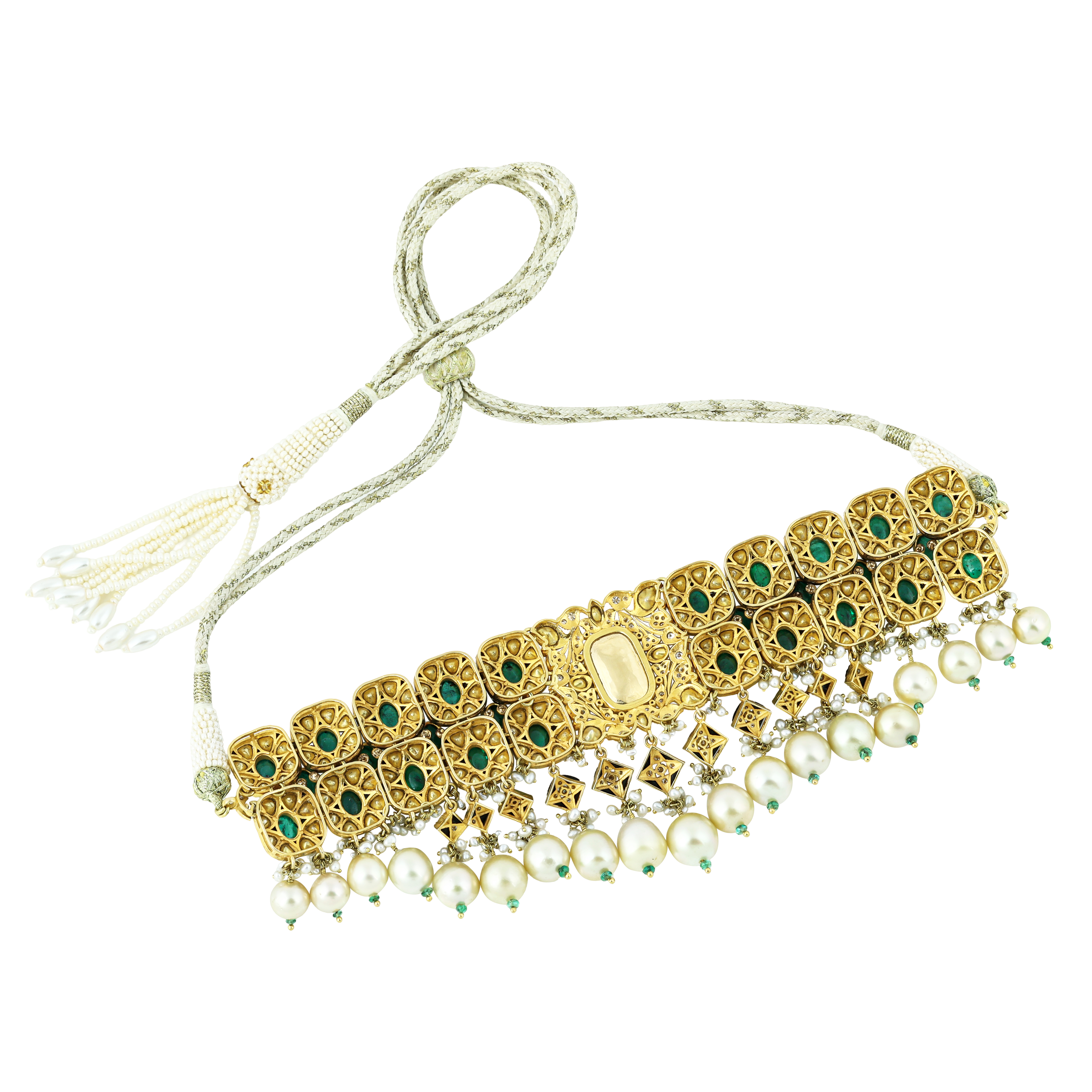 Emerald and Polki Diamond Choker with Pearl Drop Earrings