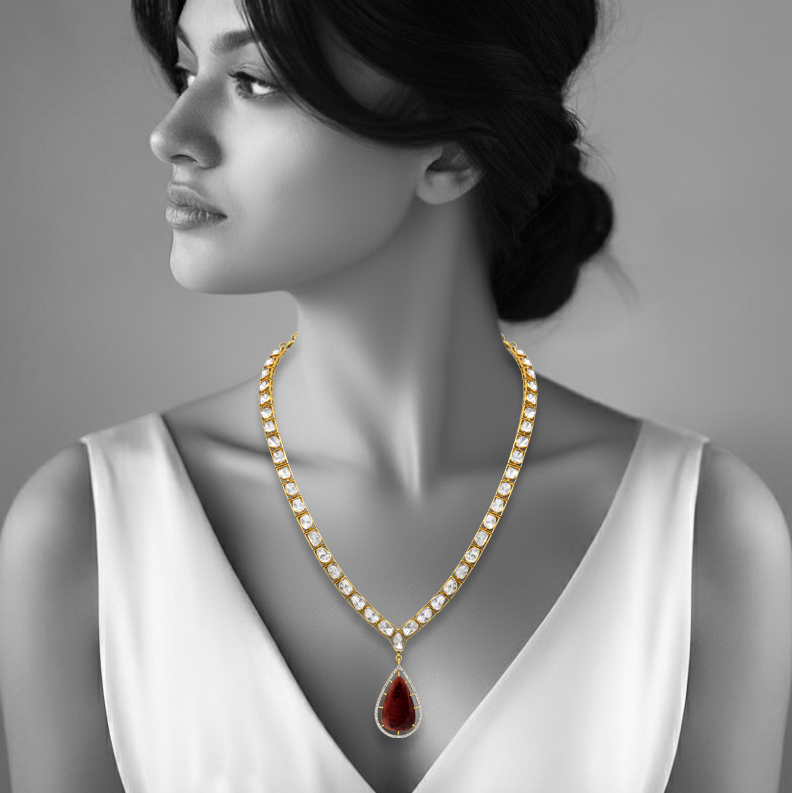 Single-Line Polki Necklace with Tourmaline Drop