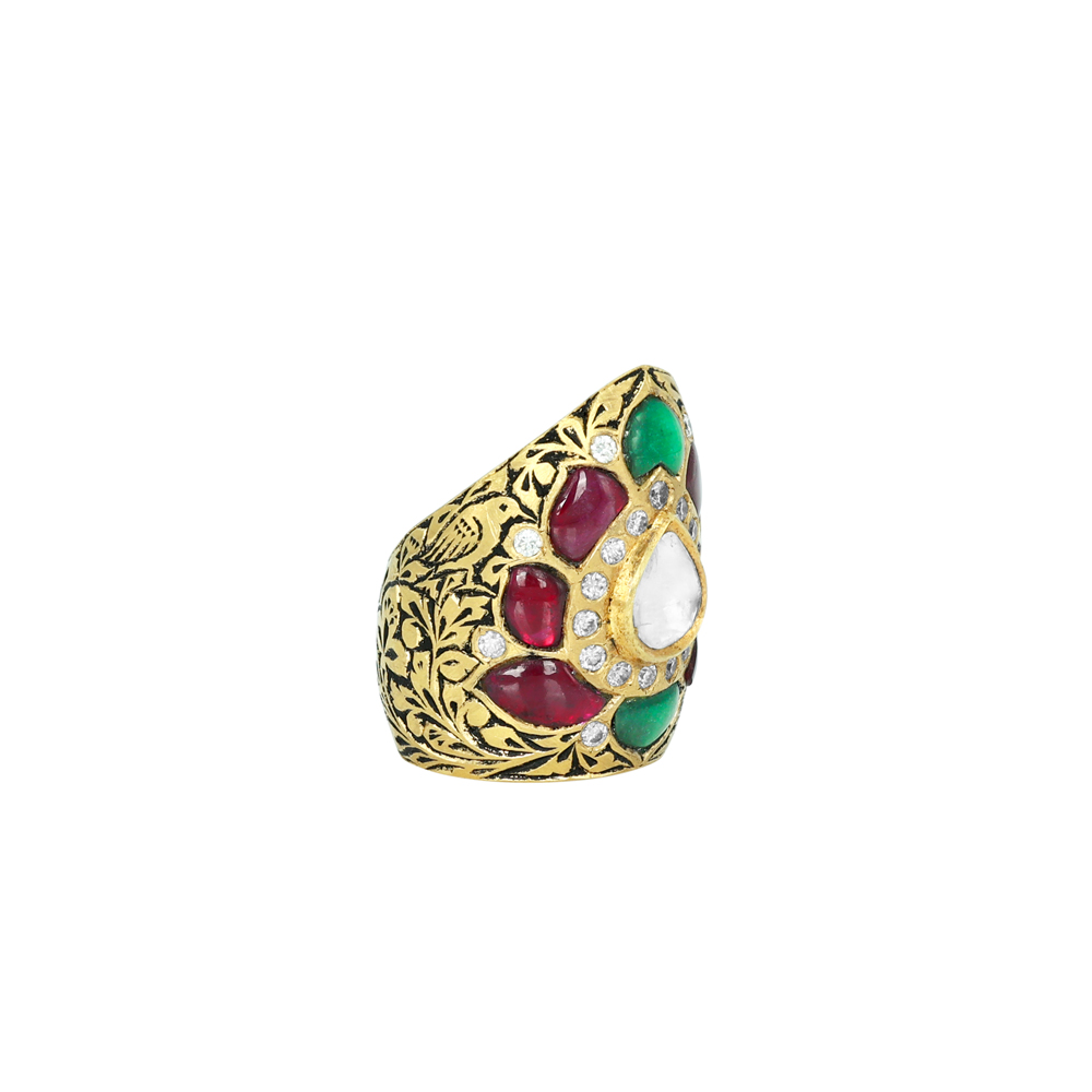 Polki Statement Ring with Red-Green Gemstones and Floral Gold