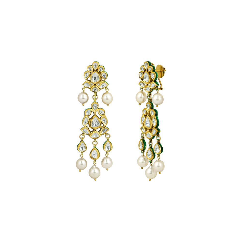 Floral Polki Earrings with Intricate Design & Pearl Drops