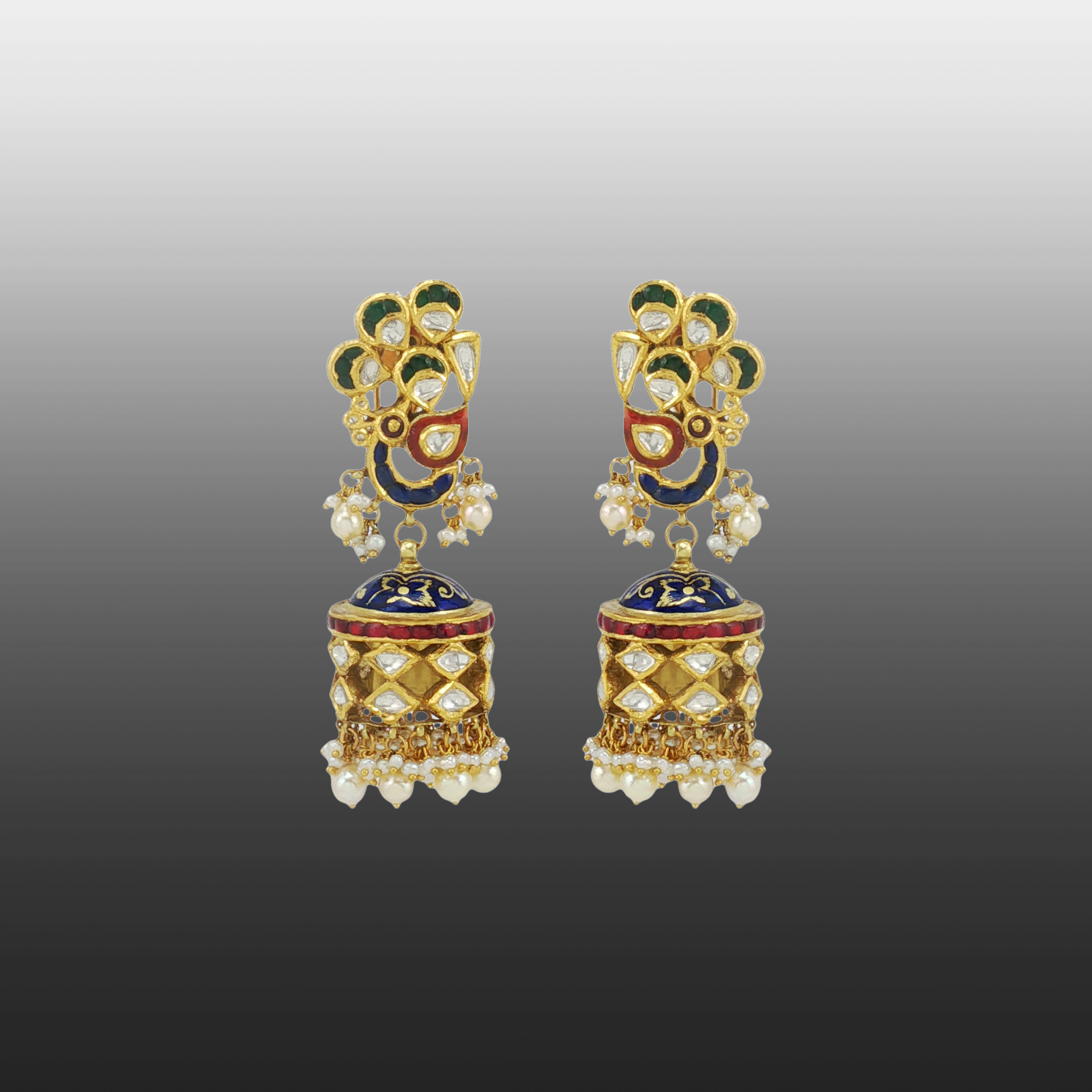 Enamel Polki Jhumkas with Pearls