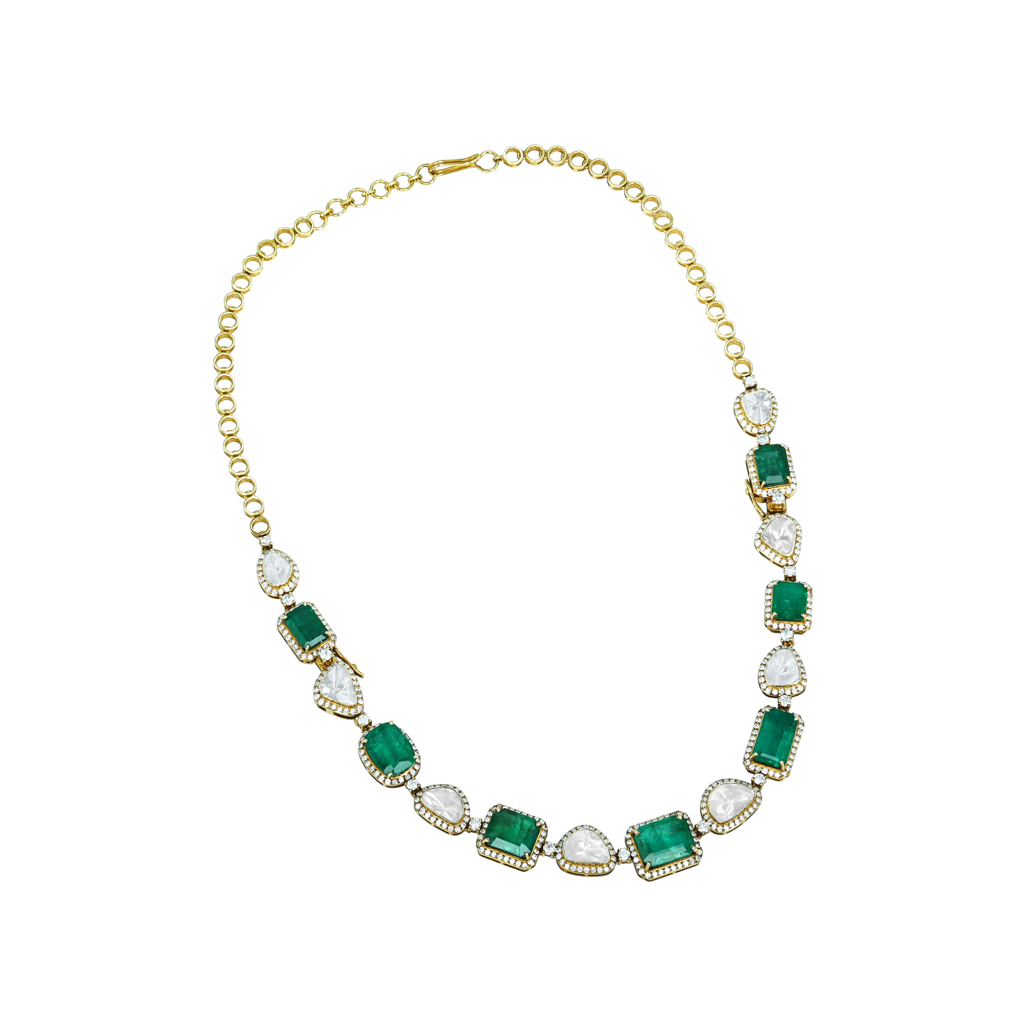 Convertible Polki Emerald Necklace-Bracelet with Diamond Halo