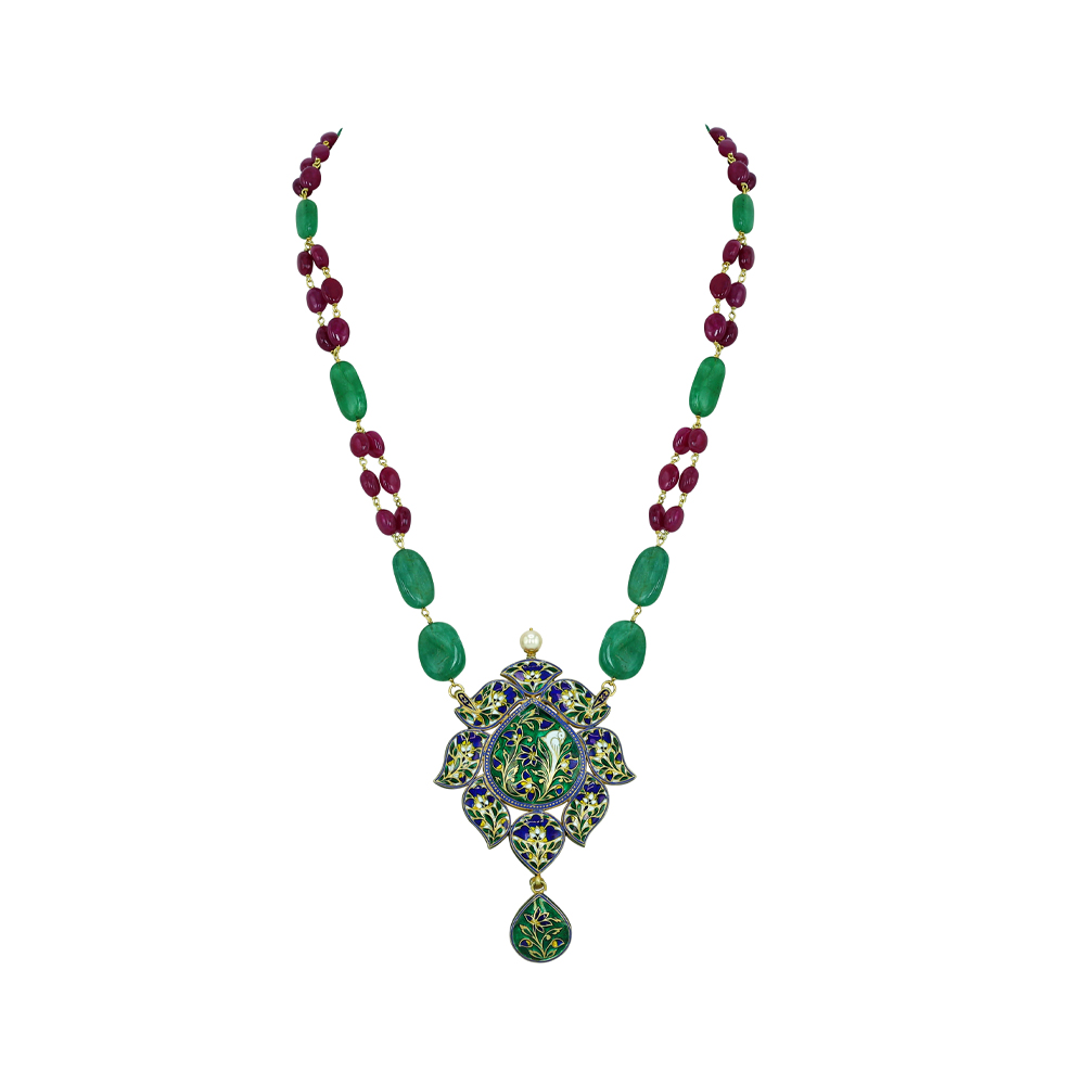 Navaratan Pendant Necklace with Polkis, Ruby, and Emerald Beads